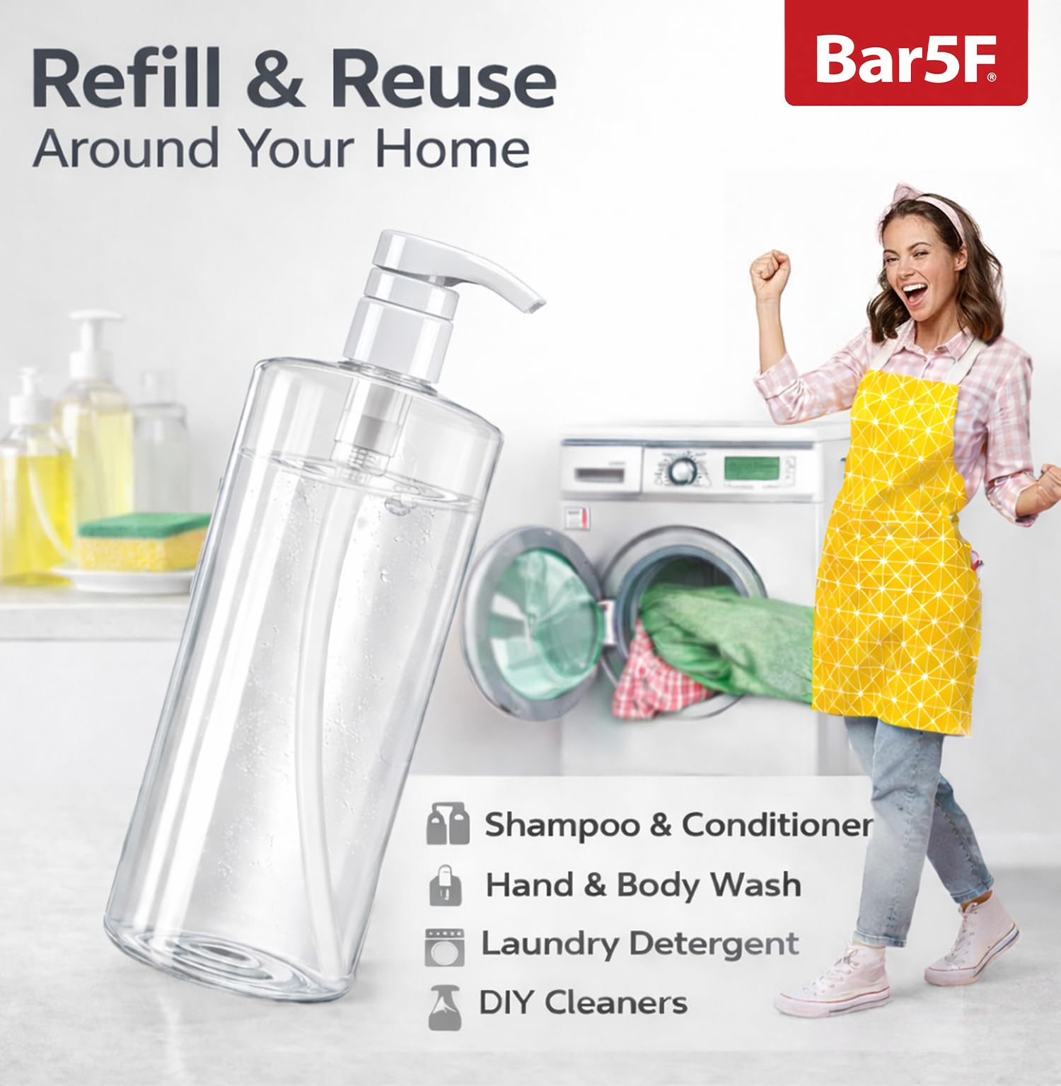 Flacon Pompe Vide pour shampooing, 1 Litre, sans BPA, Cylindre en Plastique (PETE1)