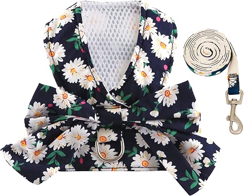 Miniatura 1 de Juego de arnés y correa para perro con nudo de lazo sin tirones, arnés floral de margarita con anillo en D, juego de arnés de malla suave para