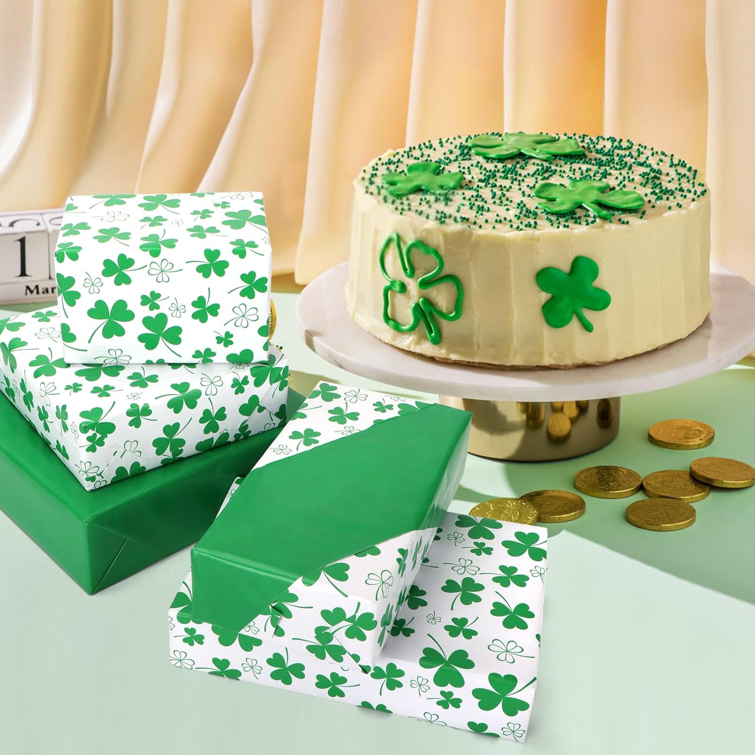 Welpurch 1 Roll Reversible St.Patrick's Day Wrapping Paper Roll - Mini Roll - 17in x 32.8Ft Green Shamrock Pattern Gift Wrap Paper for St.Patrick's Day Irish Birthday Party Wrapping Supplies - Image 6