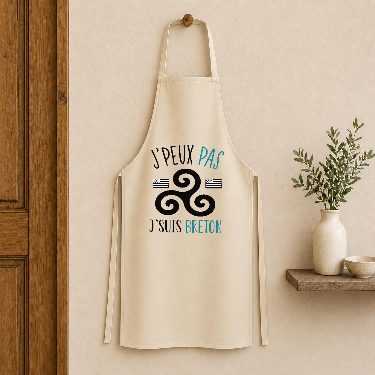 Planetee - Delantal de cocina breton Je peux pas | Regalo original para apasionados, ropa protectora para barbacoa, jardinería, delantal de trabajo, tareas domésticas, beige, Talla única