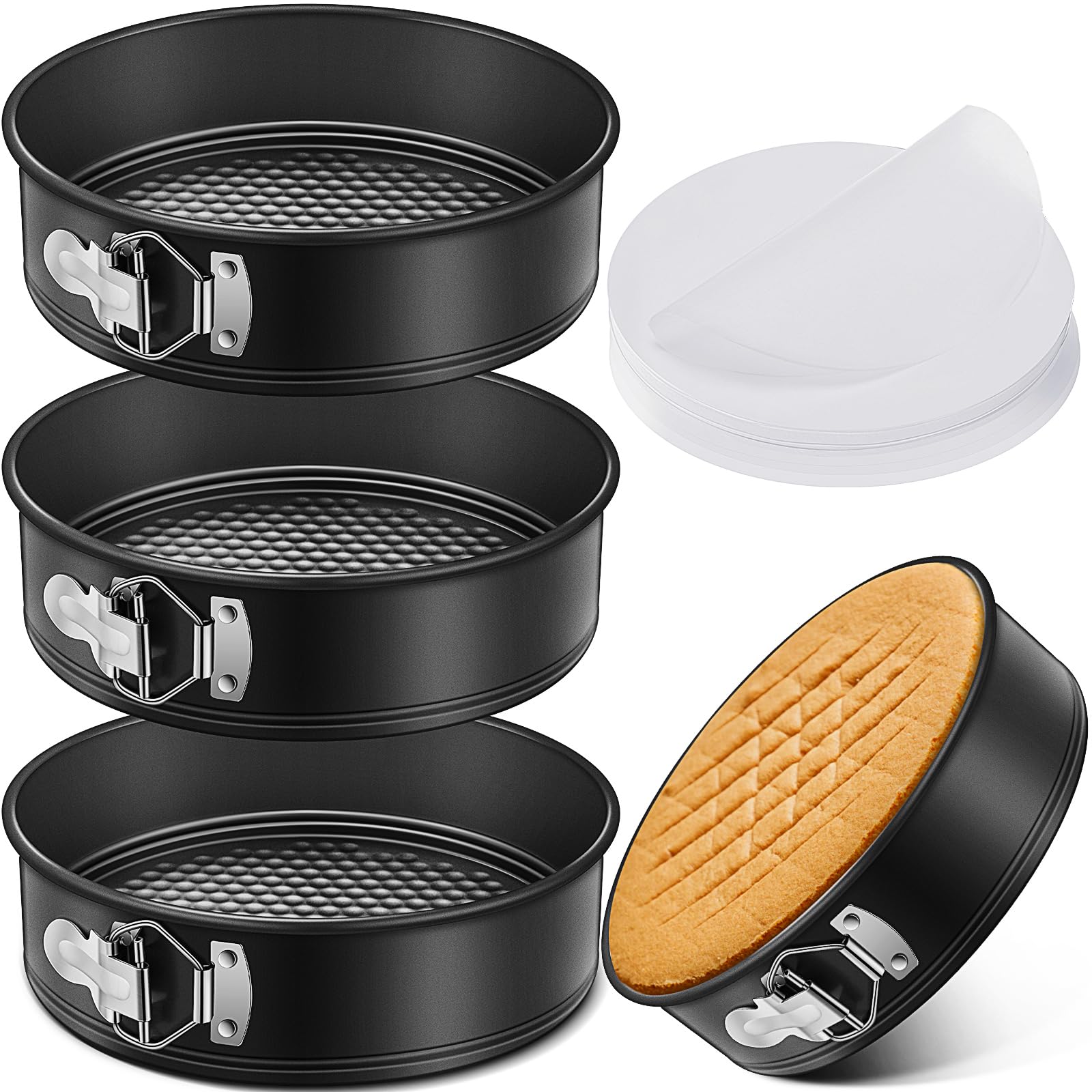 Pickmesh 3 moldes antiadherentes para tarta de queso de 9 pulgadas con parte inferior extraíble con 150 piezas de papel de pergamino para pastel de queso y pizza, color negro