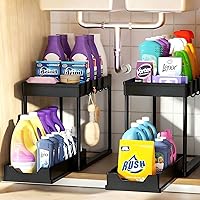 APWNRJA Under Sink Organizers 2 Pack - Pull-Out Sliding Cabinet Organizer with 2-Tier Shelf & 8 Hooks for Kitchen Bathroom (13 Inch Black)