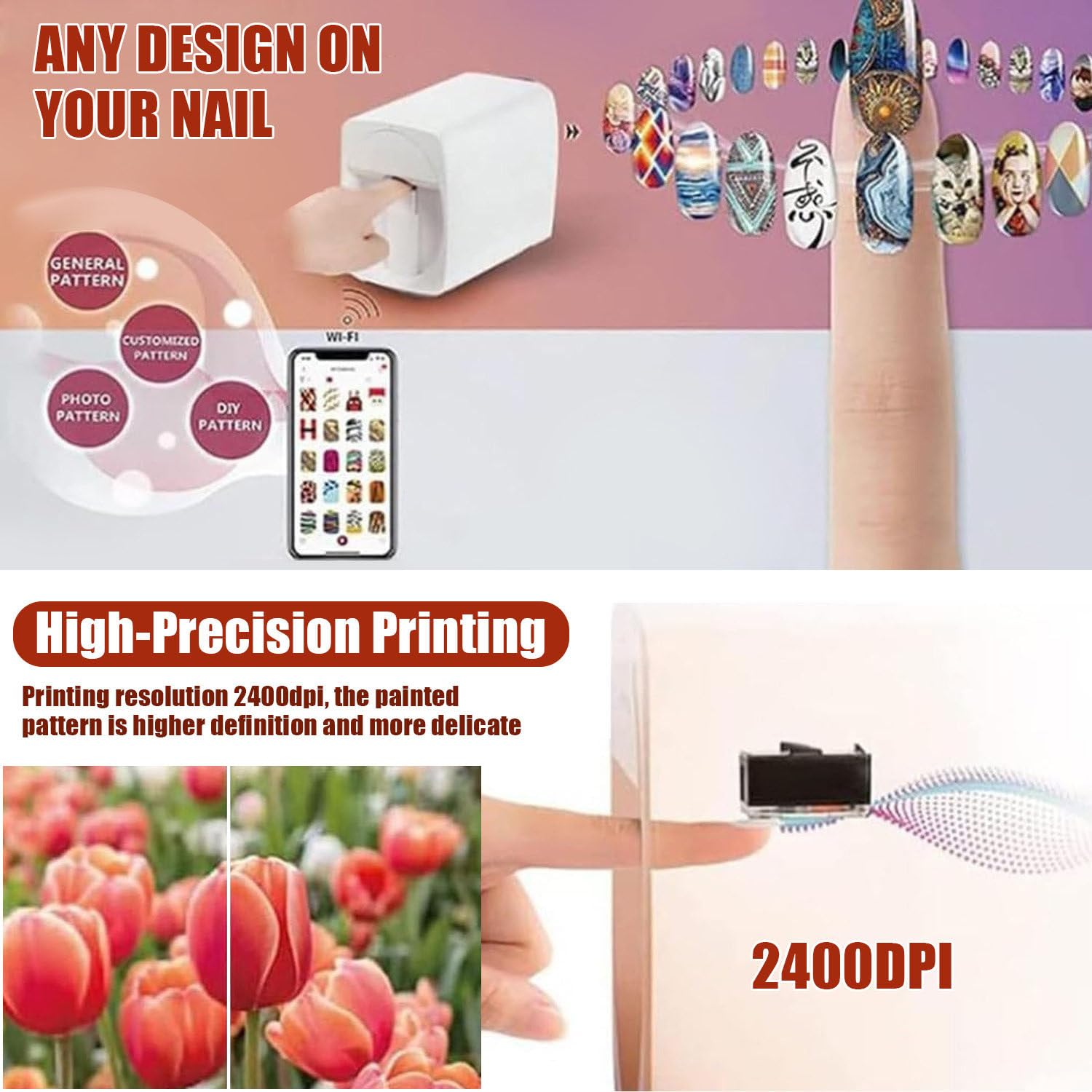 3D-Smart-Nageldrucker, Mini-Leichter Kommerzieller Nageldrucker, 3D Printer Support App/DIY, Nail Art Printer Machine, Nailart-Maschine, 30 Sekunden Malen Für Mädchen-Heimnägel White