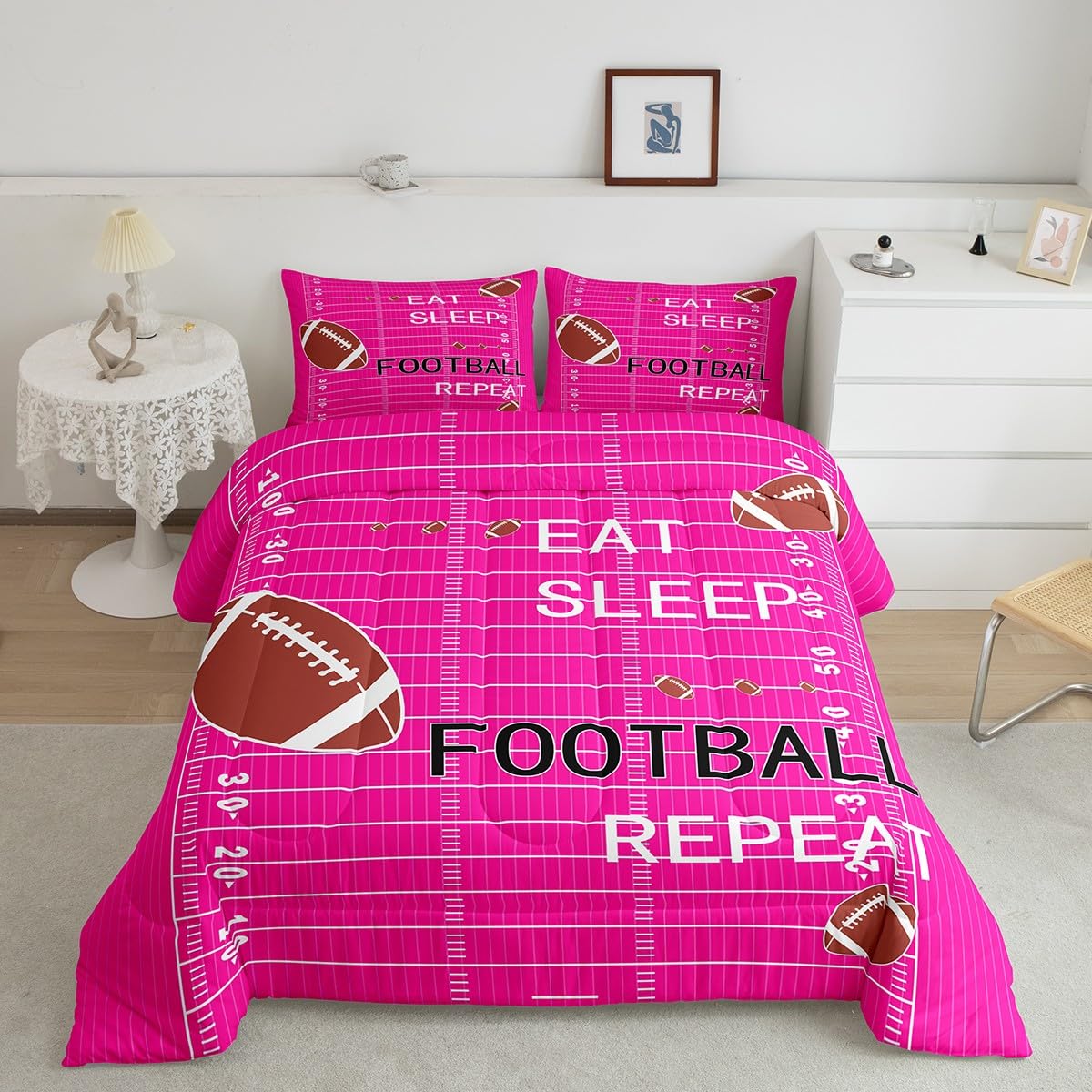 jejeloiu Kids Football Comforter Set Twin Size Rugby Court Comforter Boys Girls Eat Sleep Football Ball Pattern Bedding Set Gaming Sports Theme Pink Quilt Set