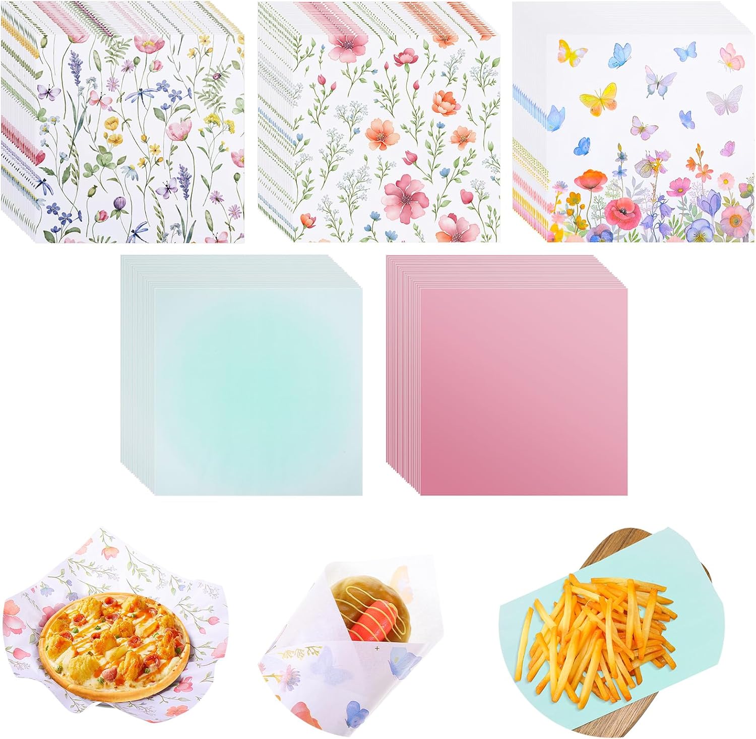 Havawish 400 Sheets Wax Paper 12x12 Inch Dry Waxed Deli Paper for Wrapping Greaseproof Sandwich Wrap Food Basket Parchment Papers for Picnic Bakery Kitchen Party Supplies(Cute Color,Flower)