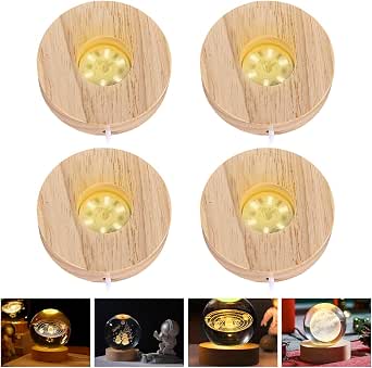 Sporgo Lot 4 Socles LED Bois – Lumière 3 Couleurs Réglables USB – Support Carré Boule Cristal, Bijoux, Résine 7x2 Cm