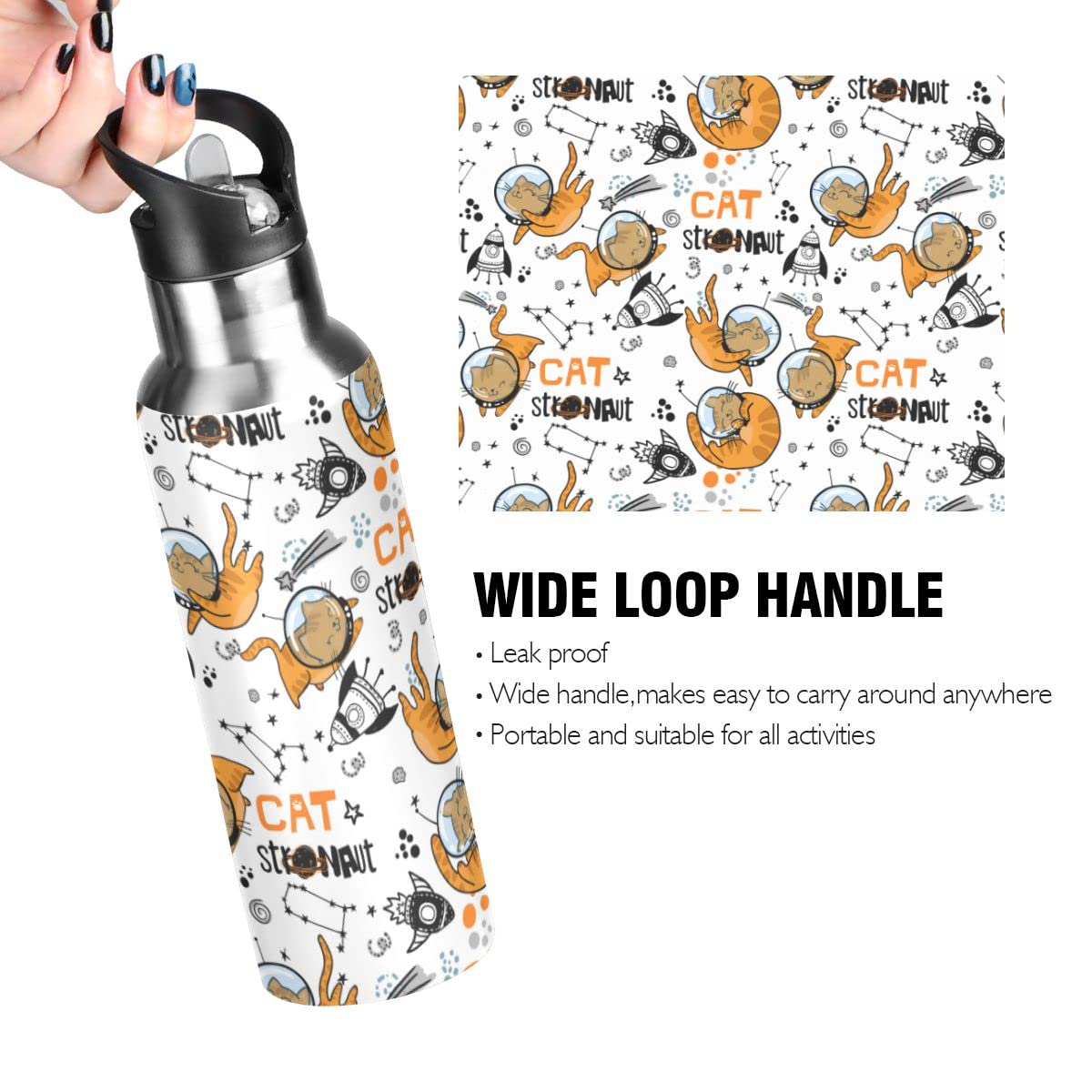 Edelstahl Wasserflasche mit Strohhalm, Katze im Weltraum isolierte Trinkflasche Sport Wasserflasche für Kinder Erwachsene, auslaufsicher, 1L