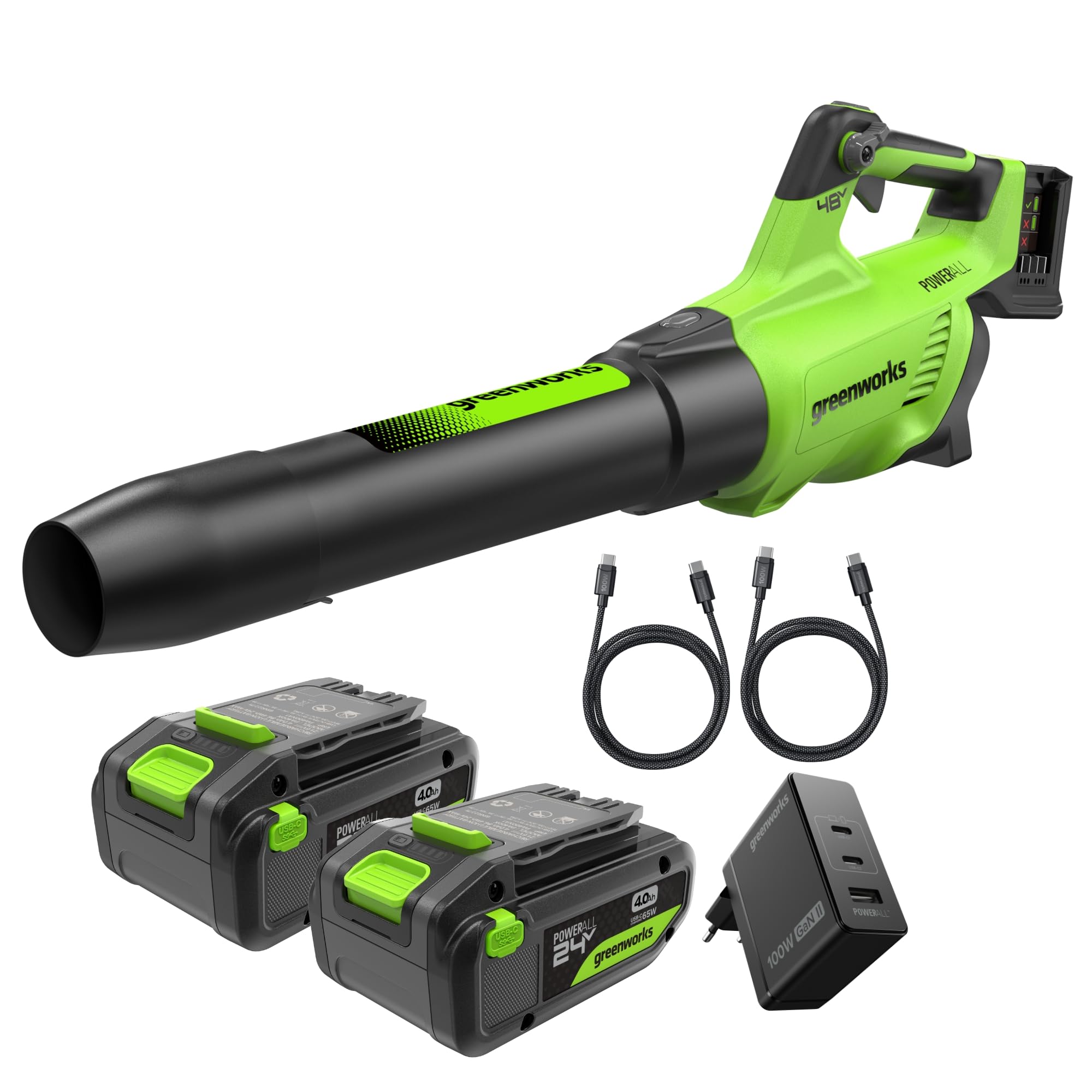 Greenworks 48V(24V x 2）Soffiatore Assiale, Ioni di Litio Velocità d'Aria 217 Km/h, 16.4m³/min Potente Tubo Soffiatore Assiale Controllo di Velocità Elettronico Con Batteria e Caricatore BL48L420-01