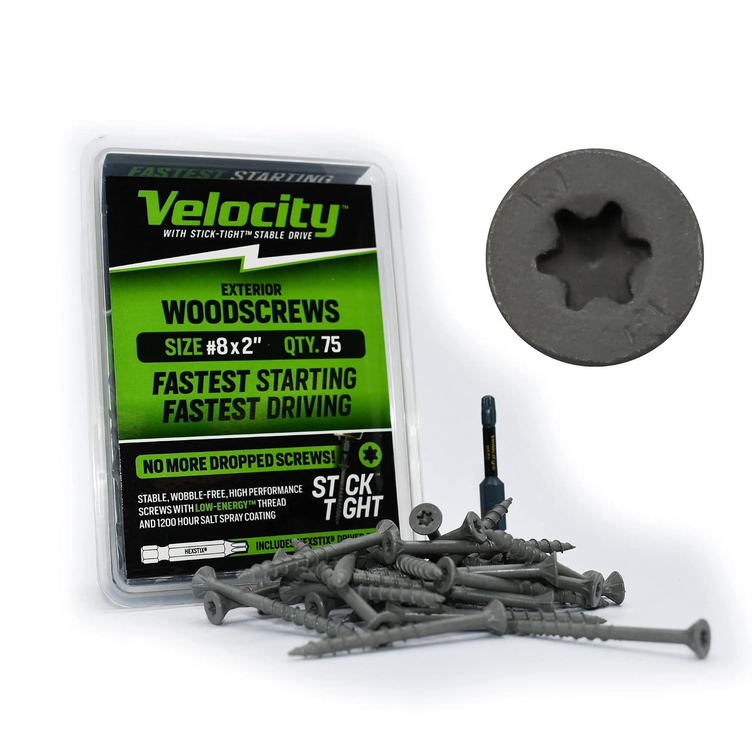 Velocity Exterior Wood Screw DIY Pack– 75 Wood Screws, Made with Carbon Steel, Includes 1 Hexstix Drive Bit and Stick-Tight Technology (Size #8x2, 75 Pieces)