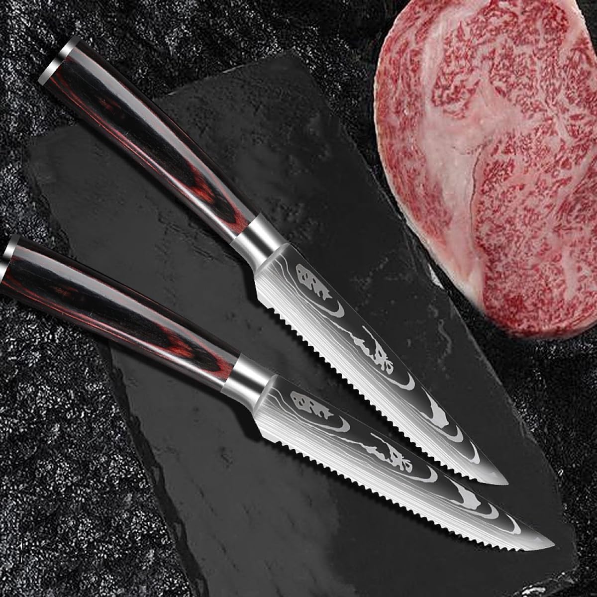 Steak Knives Set Of 8, 5 Inch Serrated Damascus Steak Knife Set,Forged German Steel Full Tang Handle Straight Edge Dinner Knives,Razor-Sharp
