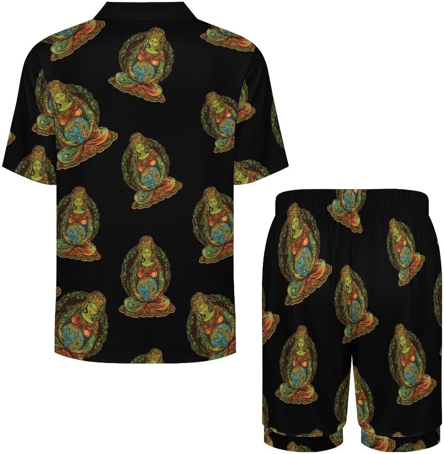 Gaia Greek Goddess of Mother Earth Men's Short Sleeve Pajama Set Satin Silk Like Lounge Sleepwear