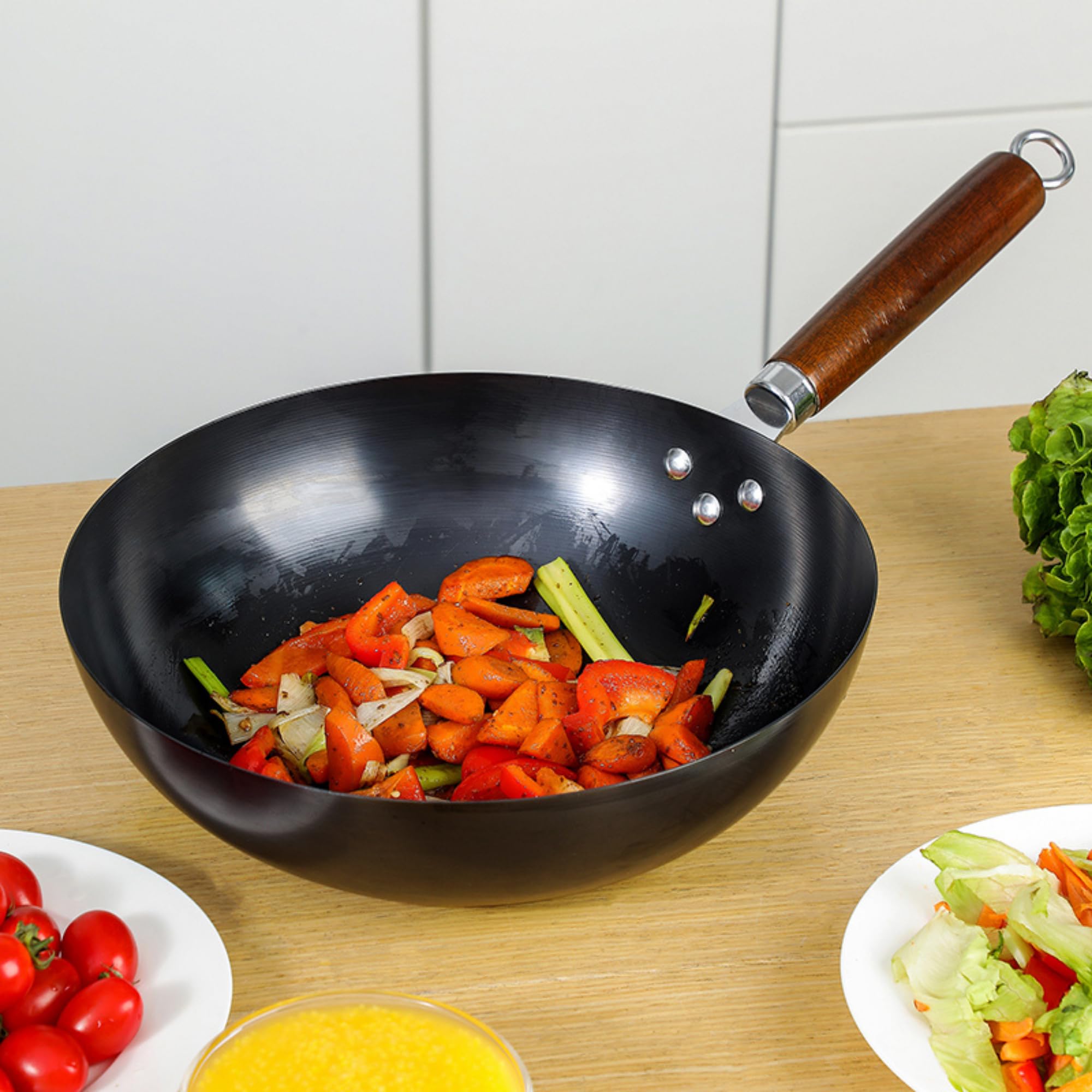 HomeEssentials Heavy Duty Iron Pan With Wood Handle, Chinese Wok With Handle 10Cm X 30Cm, Non-Coated & Non-Stick, Gas Stove Compatible, Black