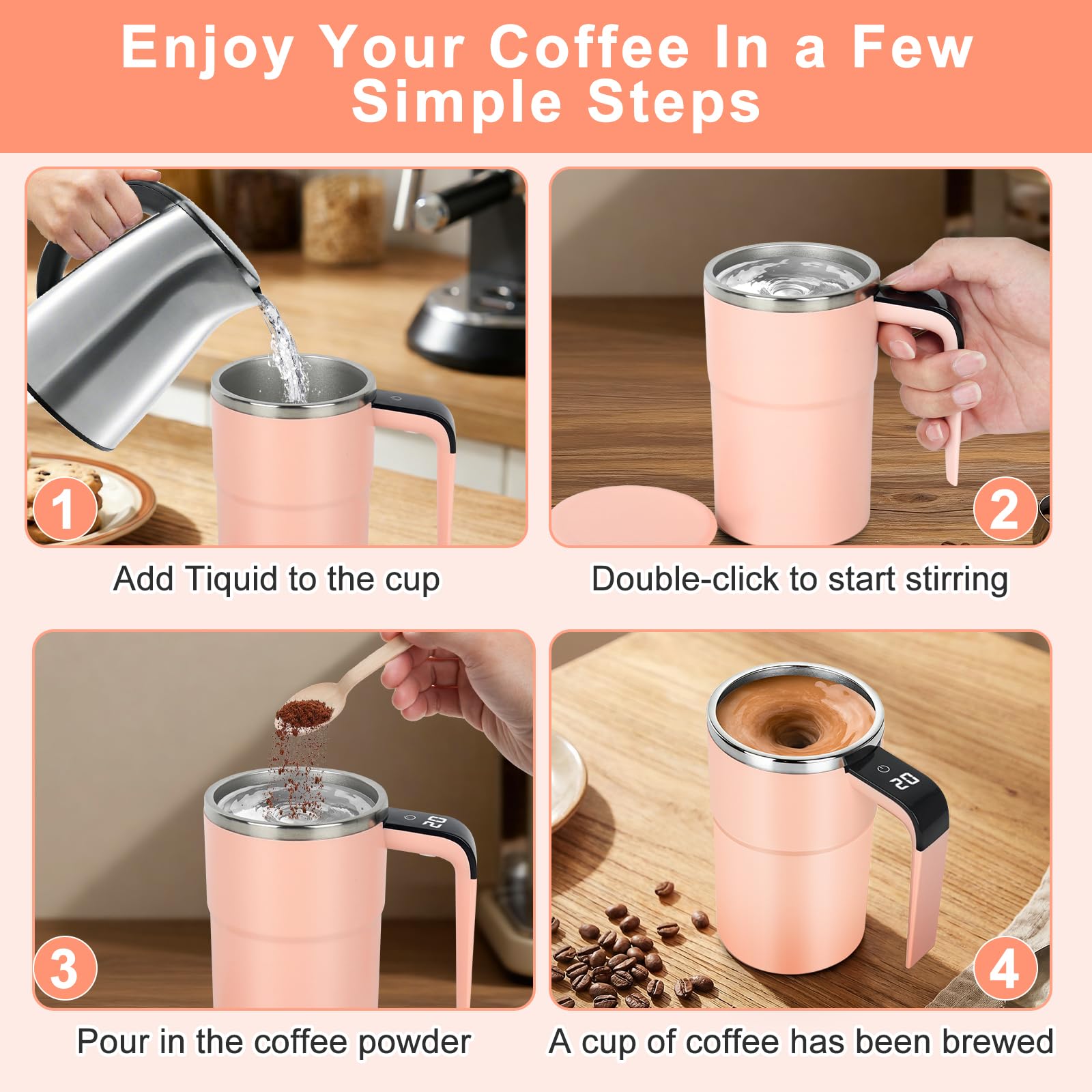 380 Ml Miscelatore Elettrico Ricaricabile, Tazza Per Miscelatore Elettrico Con Display LCD, Tazza Da Caffè Automatica, Con Coperchio, Per Latte Cacao Cioccolato Caldo E Bevande(Rosa)
