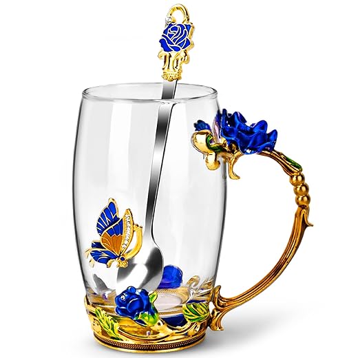 OEAGO Gifts for Mom Women Mothers Day Glass Coffee Enamels Mug Best Birthday Butterfly Rose Gifts for Her from Daughter Son Lead-Free Christmas Blue Tea Cup with Spoon Set