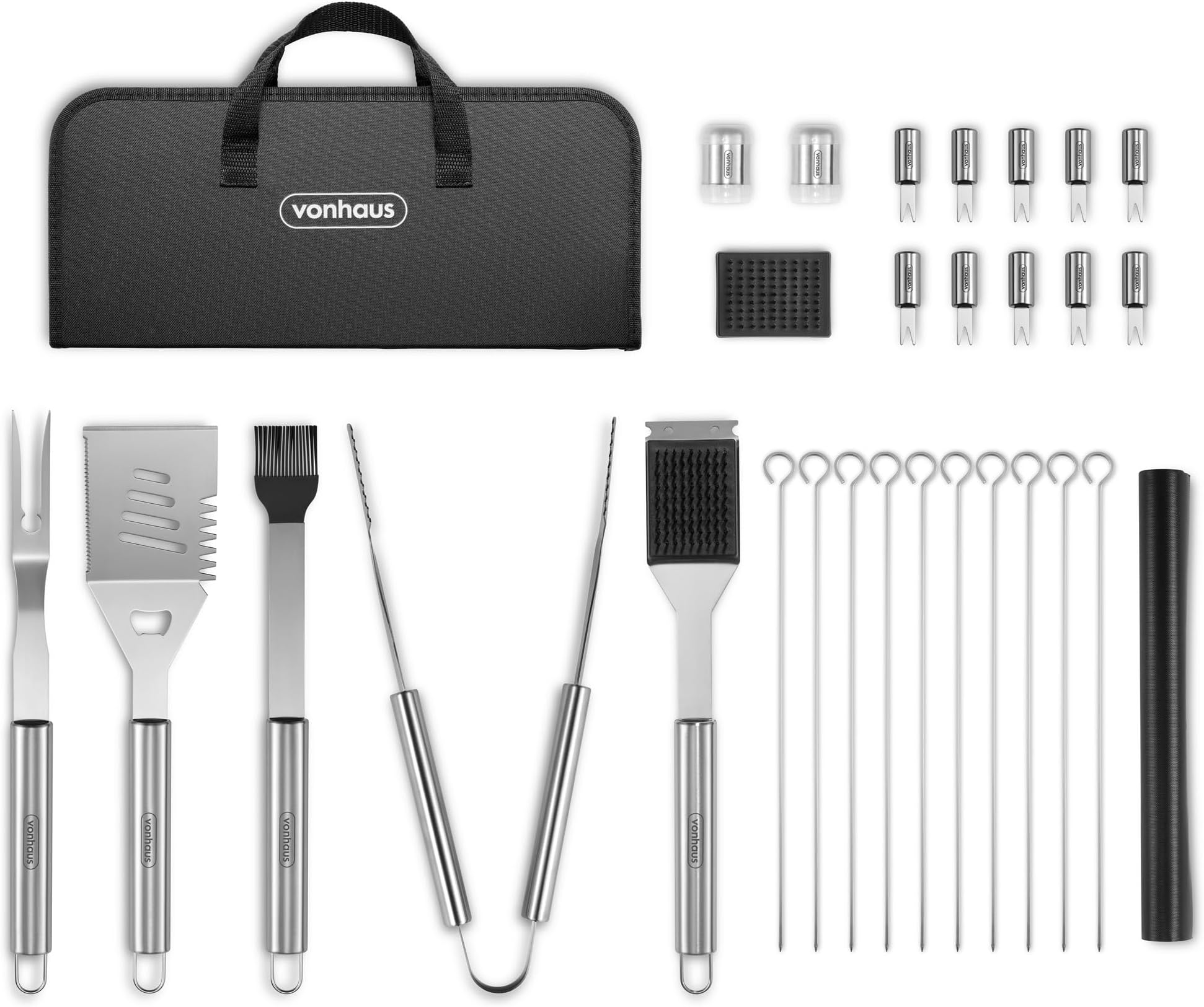 BBQ Tool Set with Case, 30Pcs BBQ Accessories Kit Including Spatula, Fork, Tongs, Skewers, Corn Forks, Barbecue Grill Mats, Basting Brush & Cleaner, Heavy Duty BBQ Utensils for Outdoor Cooking