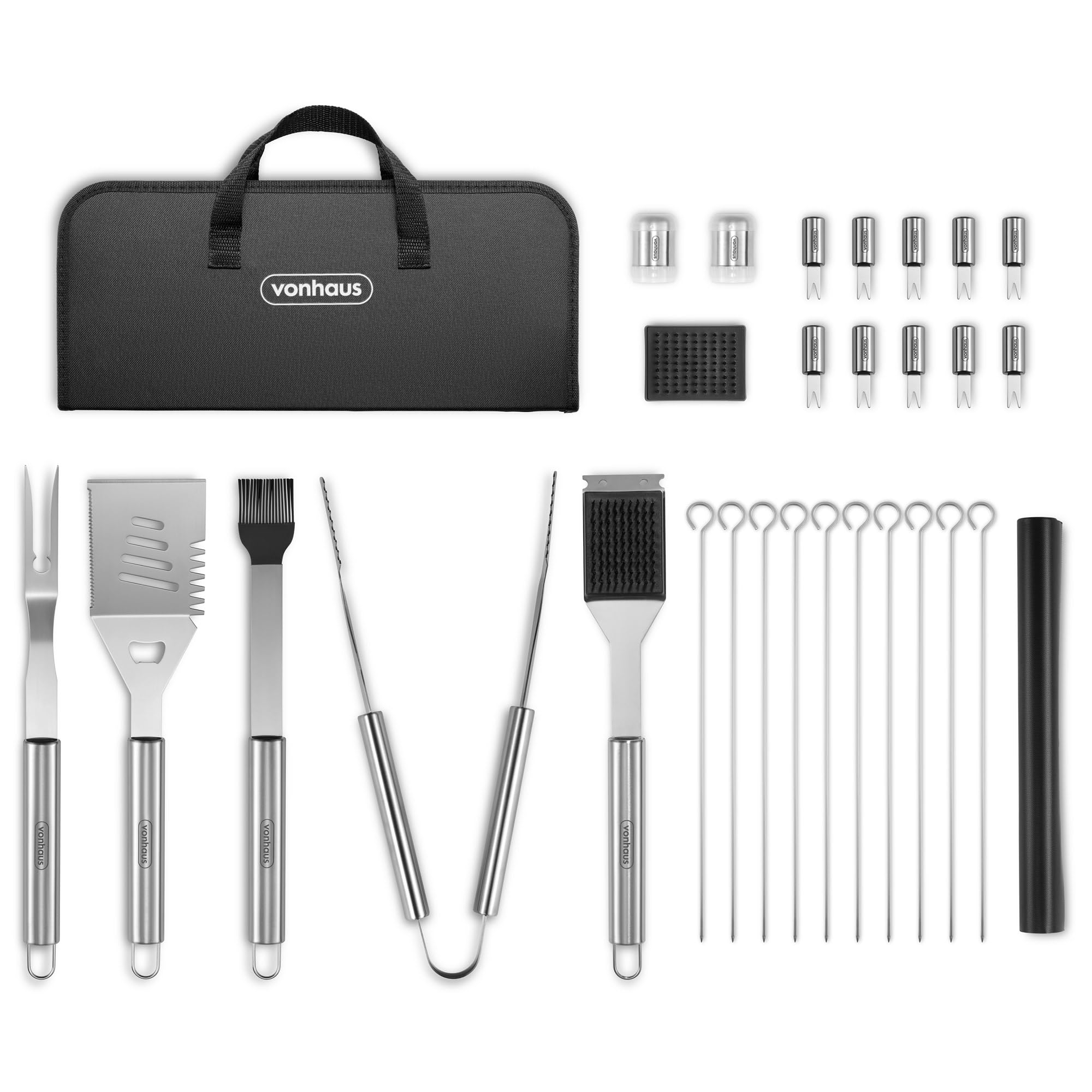 VonHaus BBQ Tool Set with Case, 30Pcs BBQ Accessories Kit Including Spatula, Fork, Tongs, Skewers, Corn Forks, Barbecue Grill Mats, Basting Brush & Cleaner, Heavy Duty BBQ Utensils for Outdoor Cooking