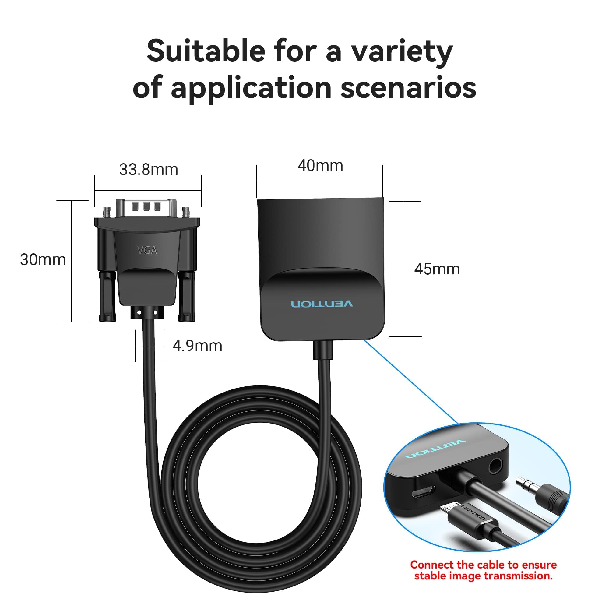 VENTION Adattatore da VGA a HDMI, confezione da 10, 1080p, convertitore VGA con cavo audio (1,5 m), da maschio a femmina per PC, monitor HDTV (nota: solo da VGA a HDMI, non bidirezionale)