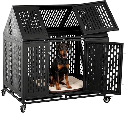 Jaula de perro indestructible de 44 pulgadas con ruedas, a prueba de escape, doble puerta para interiores, alta ansiedad, perrera de acero con