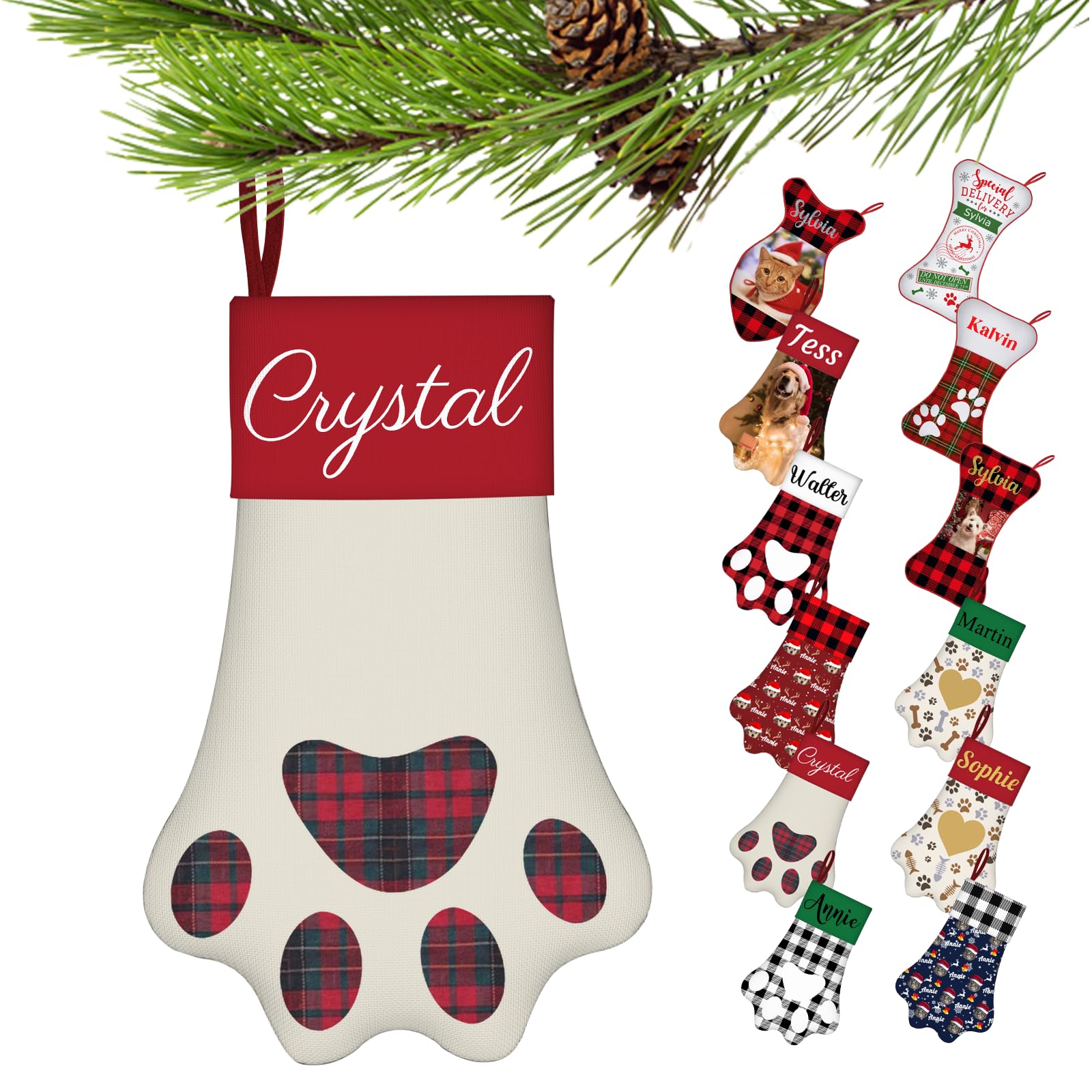 BusparstPersonalized Christmas Stocking for Dogs and Cats Custom Name Pet Paw or Dog Bone Shape Christmas Stockings Customized Xmas Decorations Fireplace Hanging Stockings
