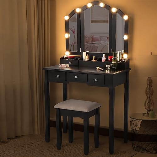 Miniatura 2 de Tocador de maquillaje con luces espejo plegable de tres piezas, escritorio de tocador con espejo y luces, 5 cajones, tocador con espejo iluminado