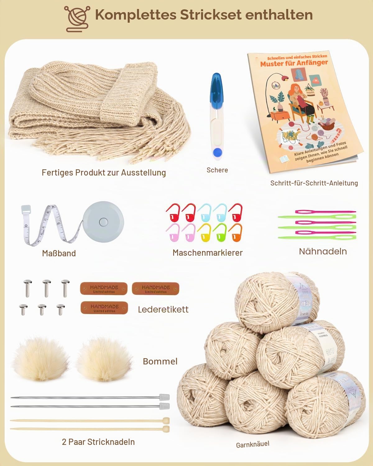 Reessy Stricksets für Anfänger Erwachsene, Mütze Schal Handschuhe Strickset für Erwachsene zum Erlernen des Strickens inklusive Schritt-für-Schritt-Anleitungsbuch, Stricknadeln weiche Garnknäuel und