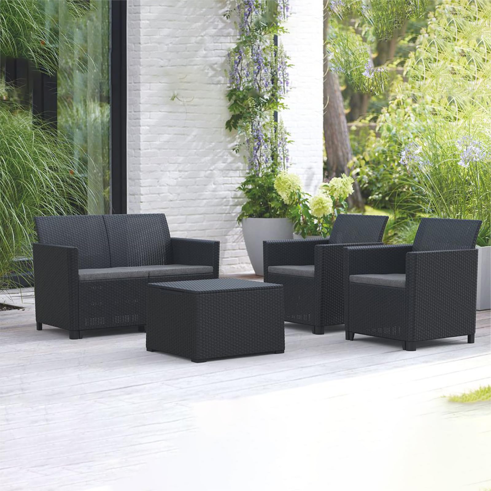 ipae progarden | Set Como, Salotto in Polipropilene effetto Rattan Intrecciato con Divano 2 posti, 2 Poltrone e Tavolino Contenitore - MADE IN ITALY (Antracite)