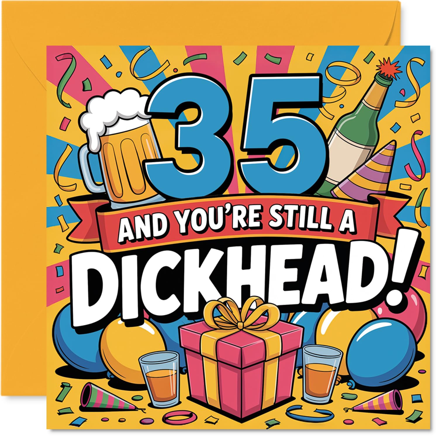 Cheeky 35th Birthday Card - Vivid Cheek and Banter - Multicolour 35th with Playful 'still a D*ckhead' Design - 145mm Square, Envelope Included