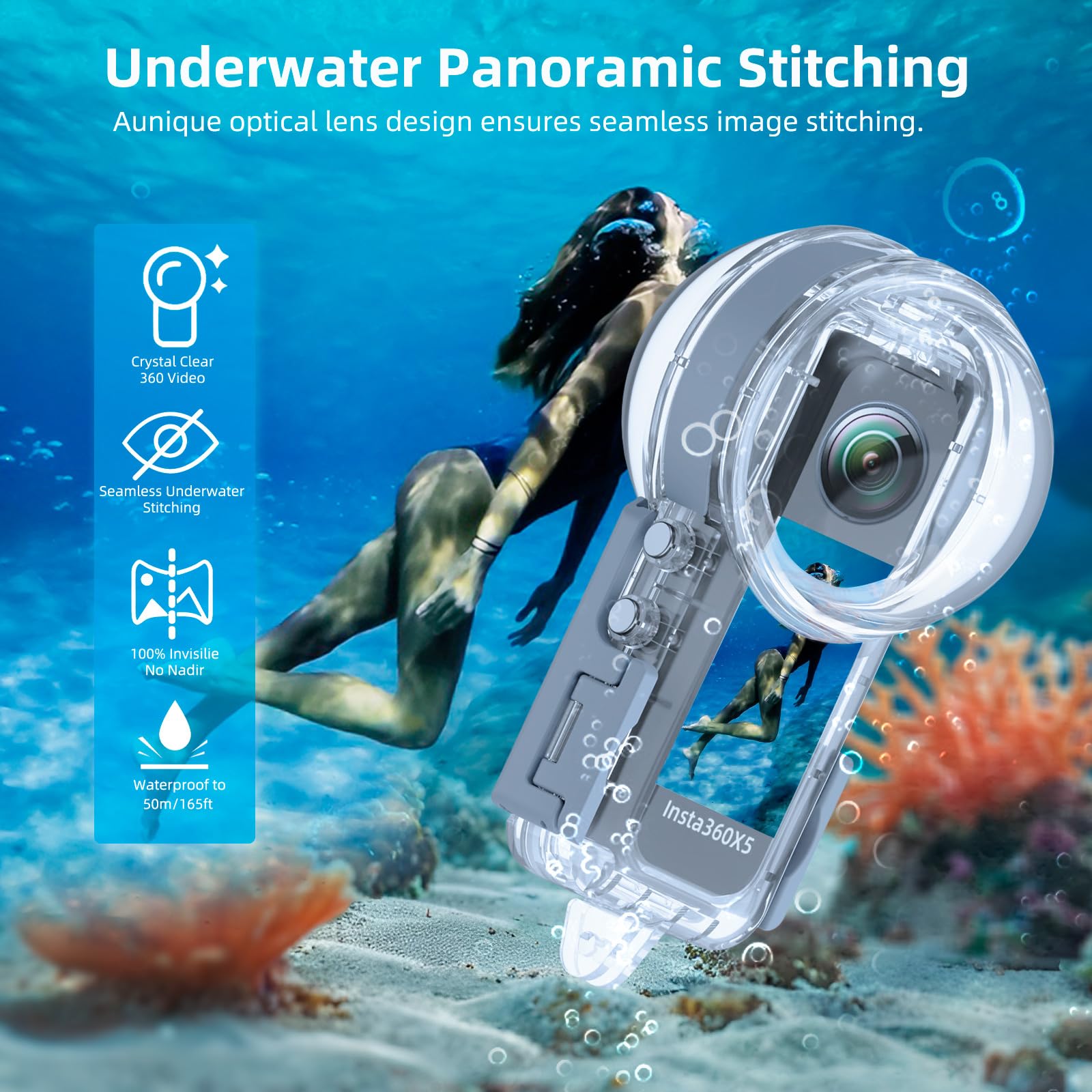 Sea frogs Carcasa impermeable para Insta360 X5, 50 m, revestimiento antirreflectante, material de policarbonato a prueba de golpes, con base tipo Y (OPT-360X5-set 2)