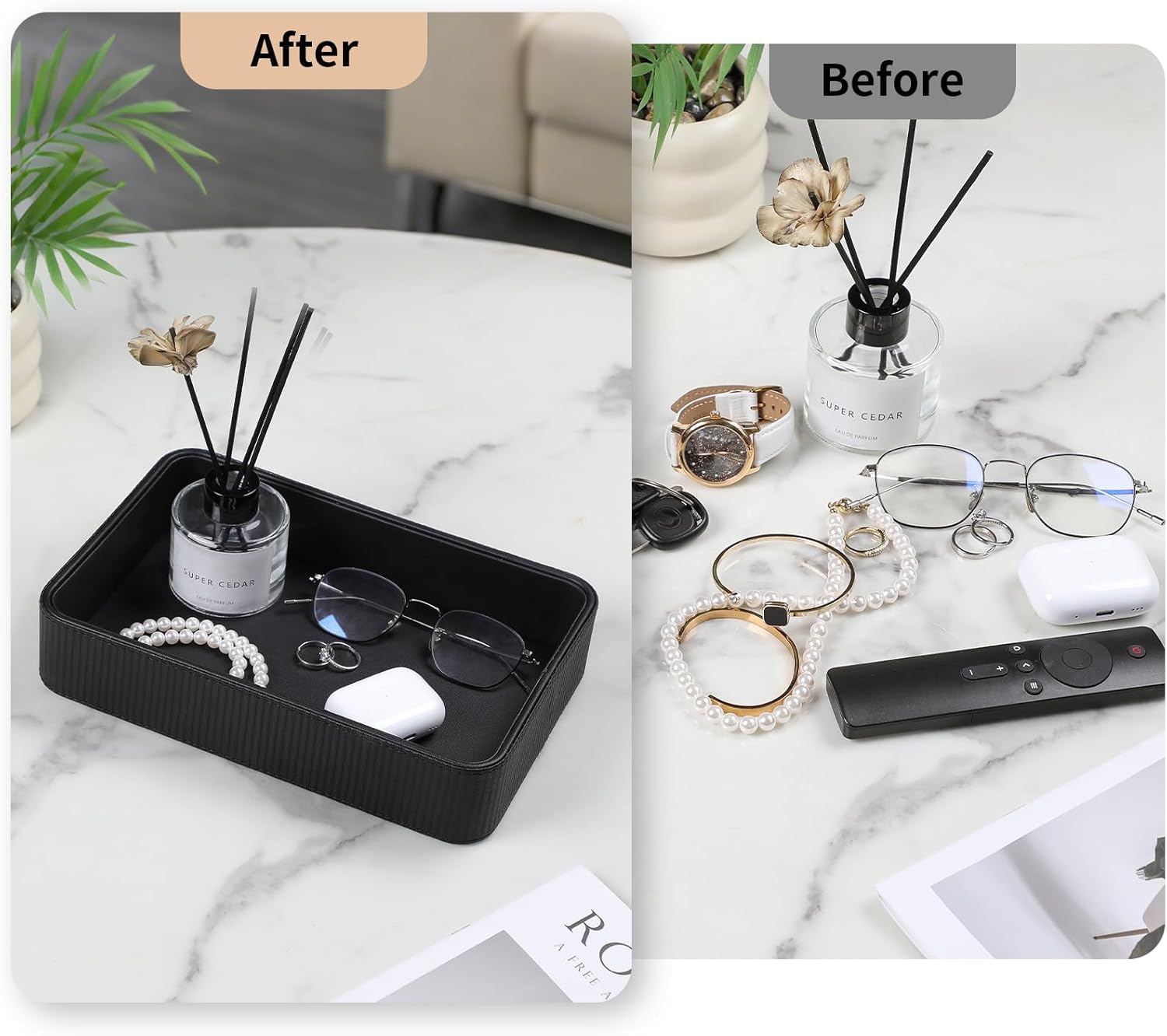 PU Leather Valet Tray Organizer, Modern Nightstand Organizer Bedside Desktop Storage for Womens and Men, Decorative Perfume Trinket Catchall Vanity Tray for Key Watch Wallet (Black)