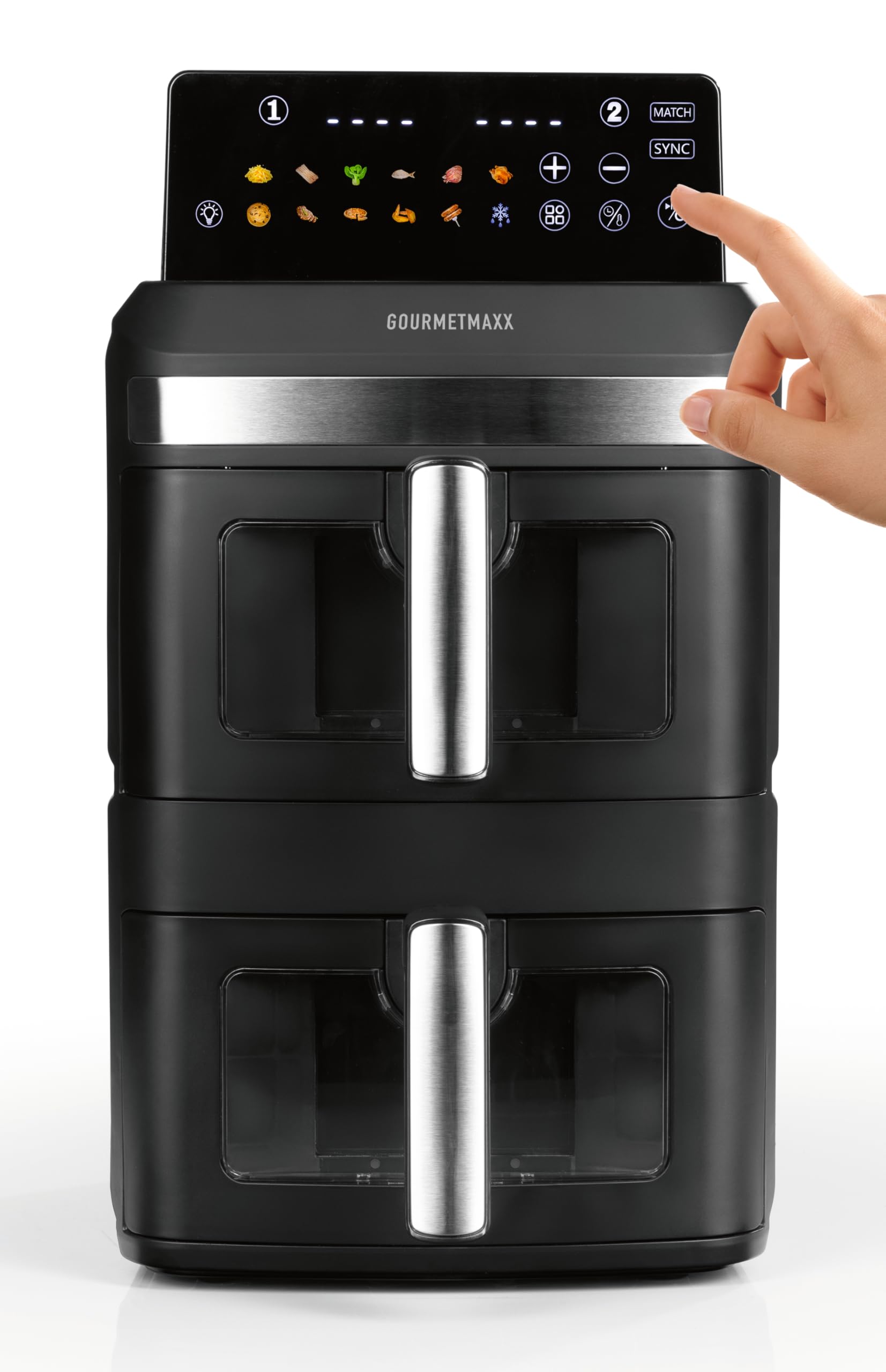GOURMETmaxx FryUp XL - Friggitrice ad aria calda a doppia camera verticale con finestra – 12 l | Airfryer con display touch LED multicolore da 9,6 pollici e 12 programmi | Friggitrice ad aria calda a