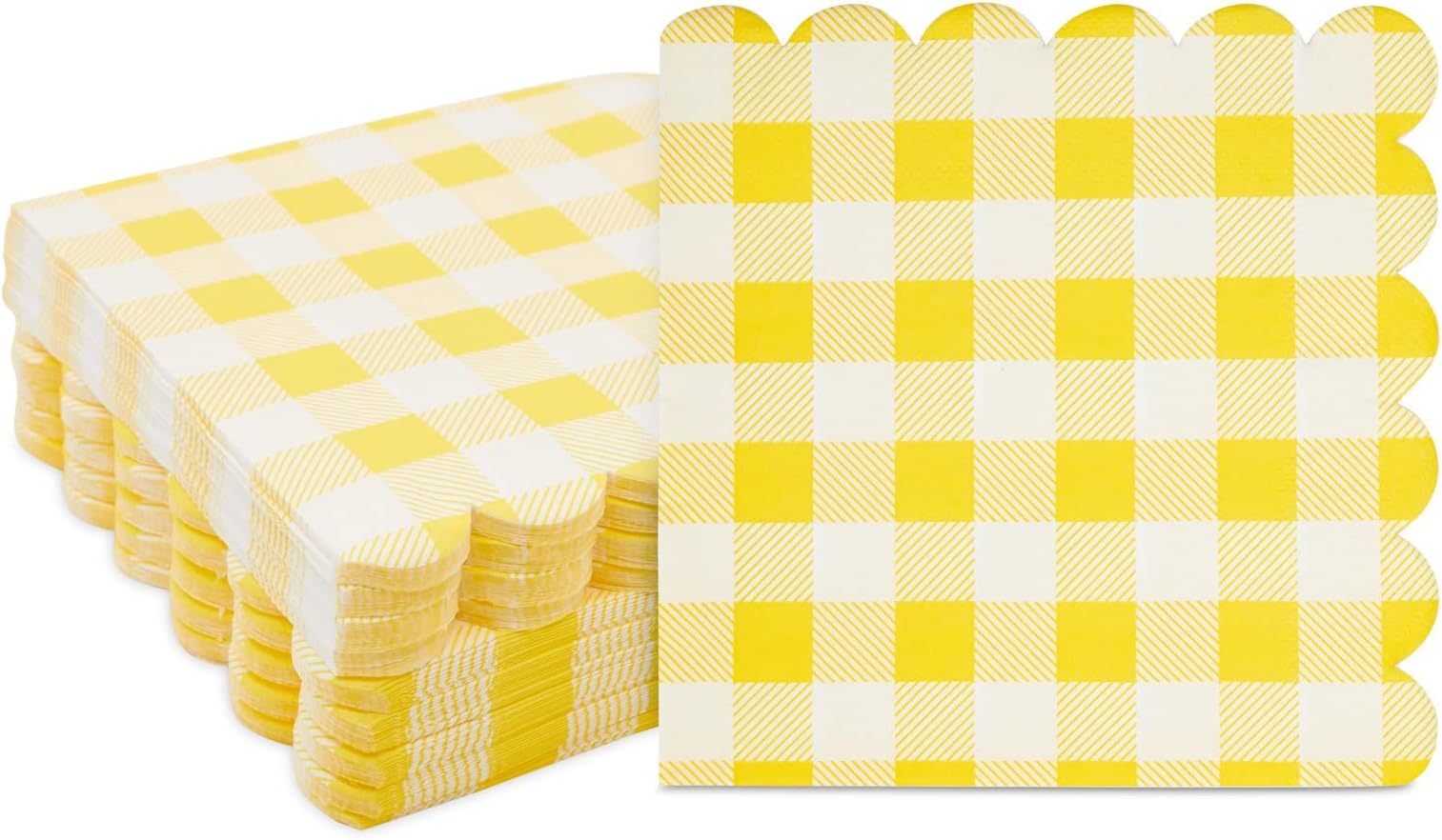 BLUE PANDA Yellow Plaid Paper Napkins for Birthday Party, Wedding - 6.5 x 6.5 Inch - 100 Pack - Yellow Disposable Checked Napkins