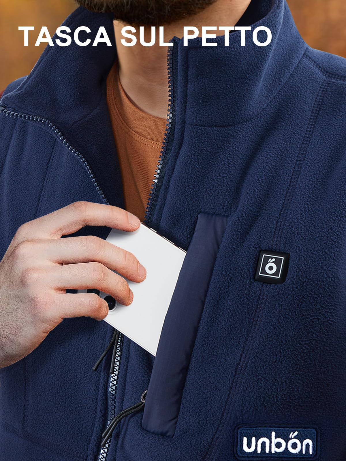 UNBON Gilet Riscaldato Uomo con Batteria USB 10000mAh, Giubbotto Riscaldato Uomo con 3 Temperatura 6 Zone di Calore, Gilet Riscaldante Pile Elettrico, Giacca Riscaldata per Moto Caccia, Blu, S