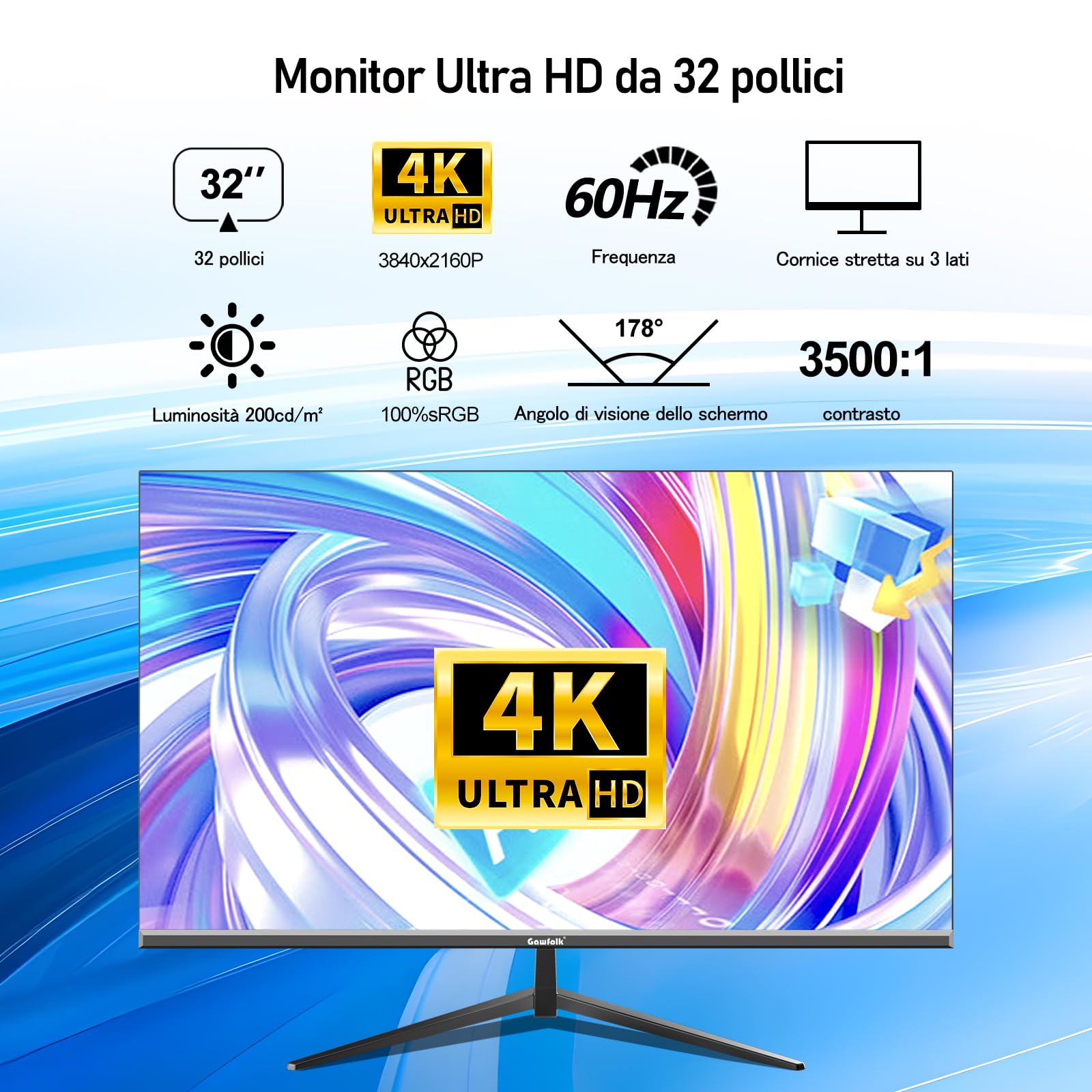 Gawfolk Monitor per computer 32 pollici 4K UHD, schermo ultra chiaro (3840×2160p), 100% sRGB, angolo di visione di 178 °, HDMI, porta display, compatibile con montaggio a parete 100 * 100 mm - nero