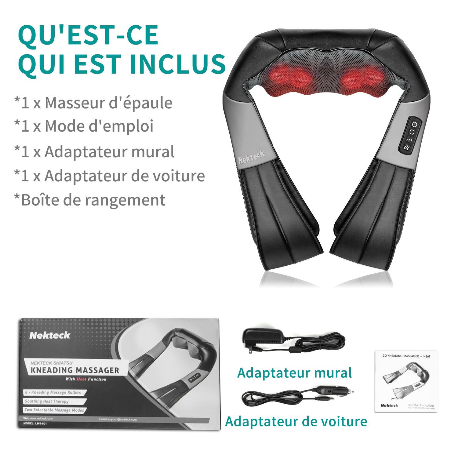 Nekteck Massage du cou et du dos Nekteck Shiatsu, avec chaleur apaisante et oreiller de massage 3D en tissu électrique profond, peut soulager les douleurs musculaires des épaules et du corps
