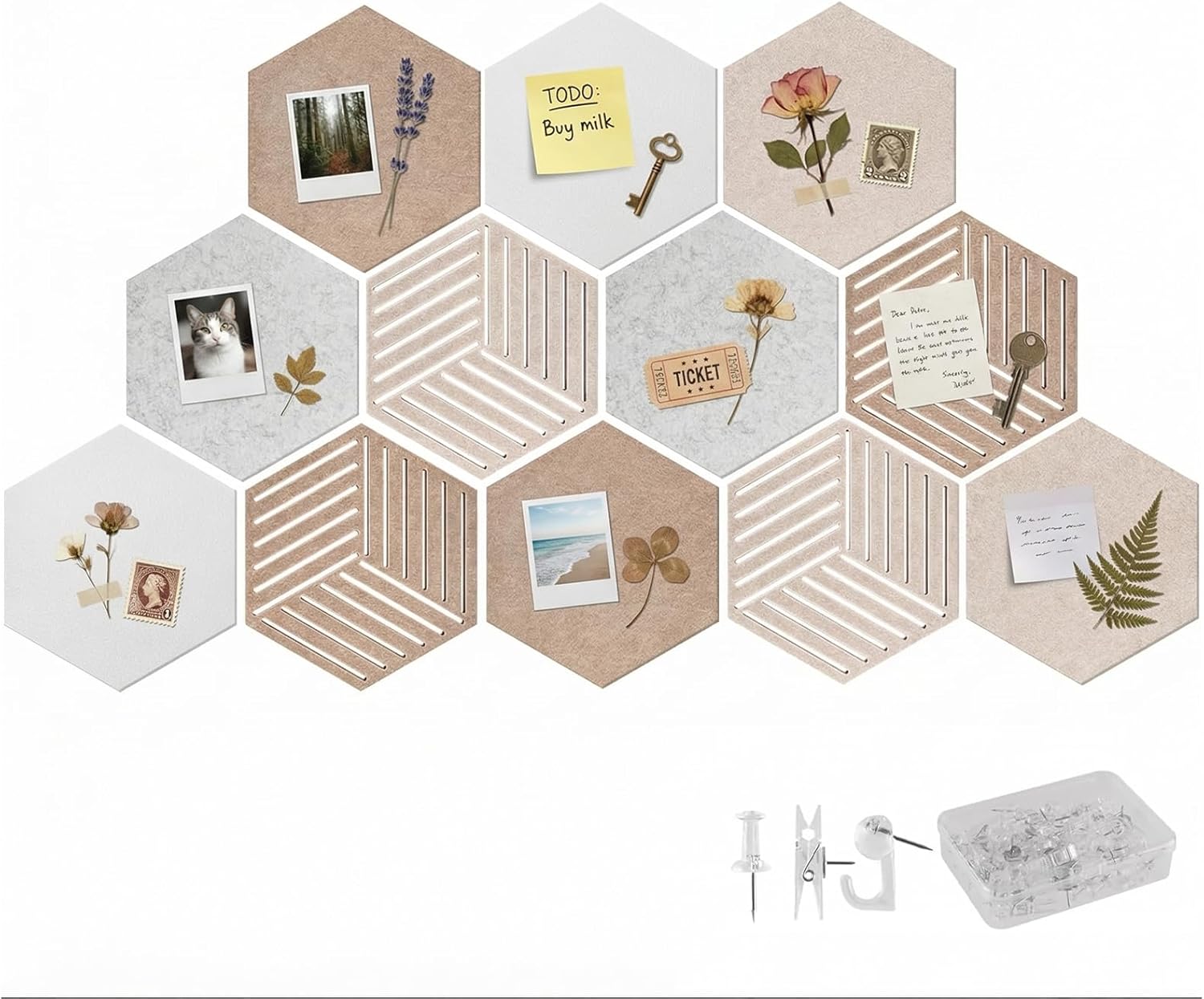 12 Pack Hexagon Cork Board Tiles 11.8 Inch Large Self Adhesive Felt Pin Boards for Walls Acoustic Bulletin Board for Office Wall Decor Vision Board and Home Office Display with 50 Push Pins