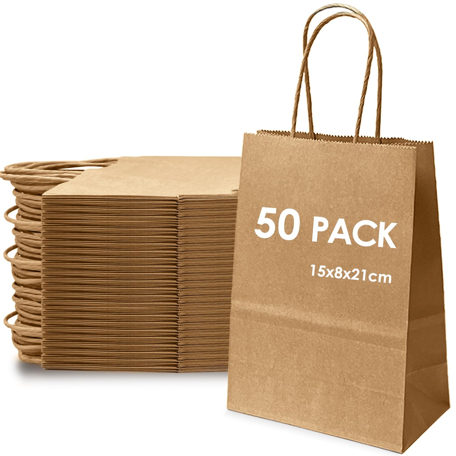 Lot De 50 Sacs Kraft Avec Poignée - 2 Tailles (21x8x15cm Et 27x14x21cm)