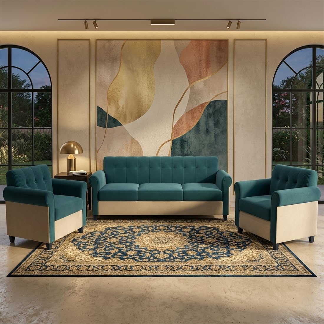 Alvaro Crystal 3+1+1 Seater Fabric Sofa Set, Premium Upholstered Living Room Furniture, Modern 5 Seater Couch with 2 Accent Chairs for Home, Office & Reception- Ocean Green & Cream-image-33