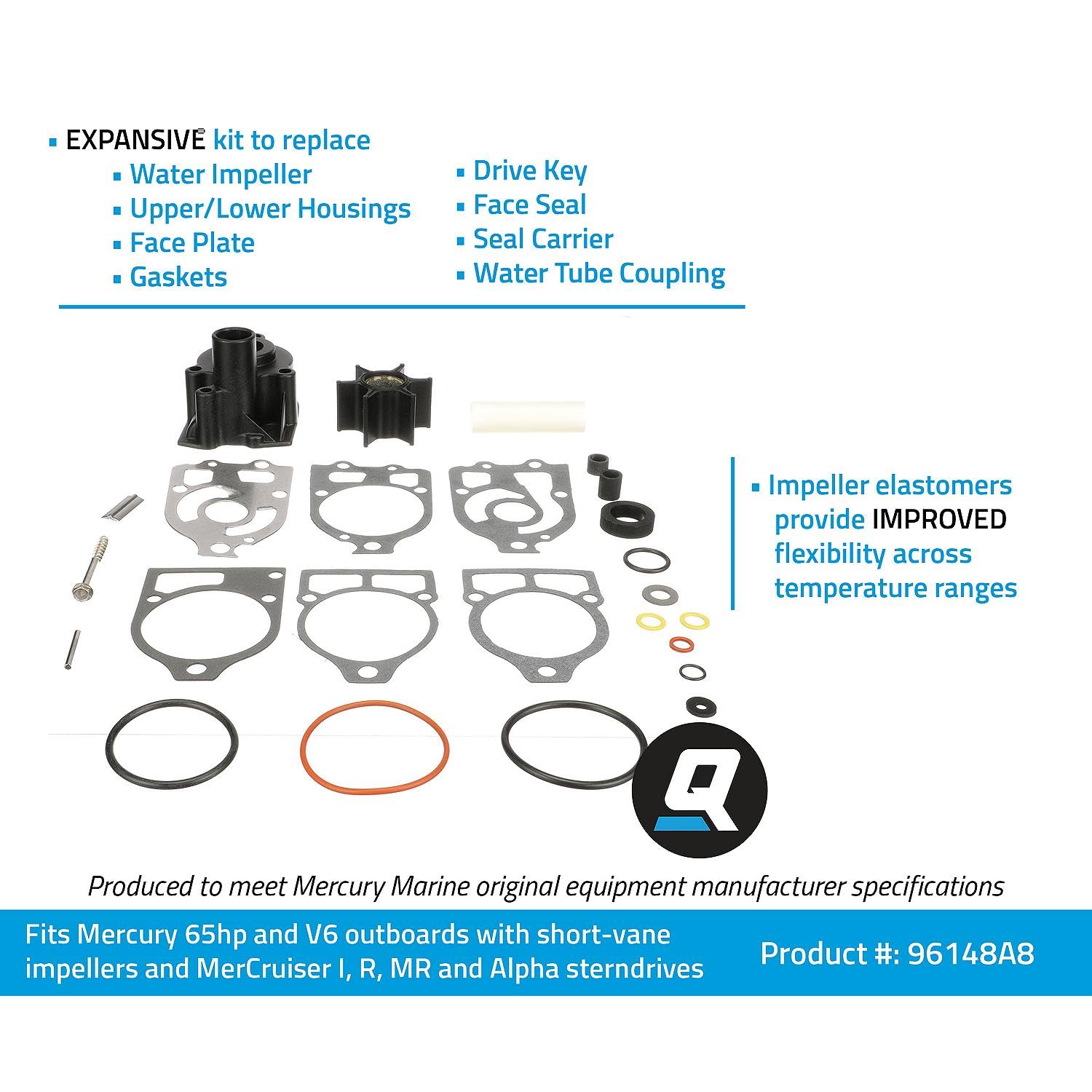 Quicksilver 96148A8 Water Pump Repair Kit for Outboard And Stern Drive: Mercury And Mariner 65 HP (4-Cylinder) Through V-6 Outboards with Short-Vane Impellers