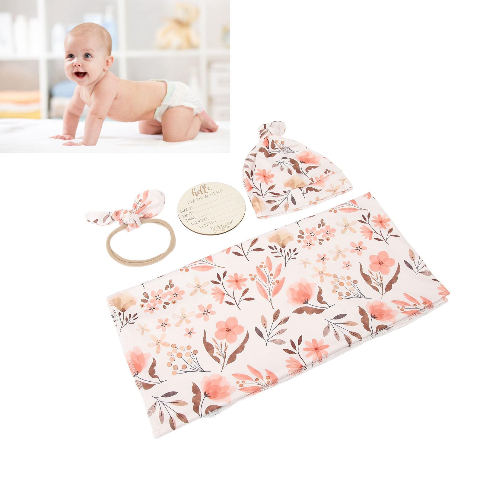 Floral Print Newborn Swaddle Blankets, 4 Piece Set including Wrap Swaddle Towel for Newborn (Type 2), Pink - Image 3