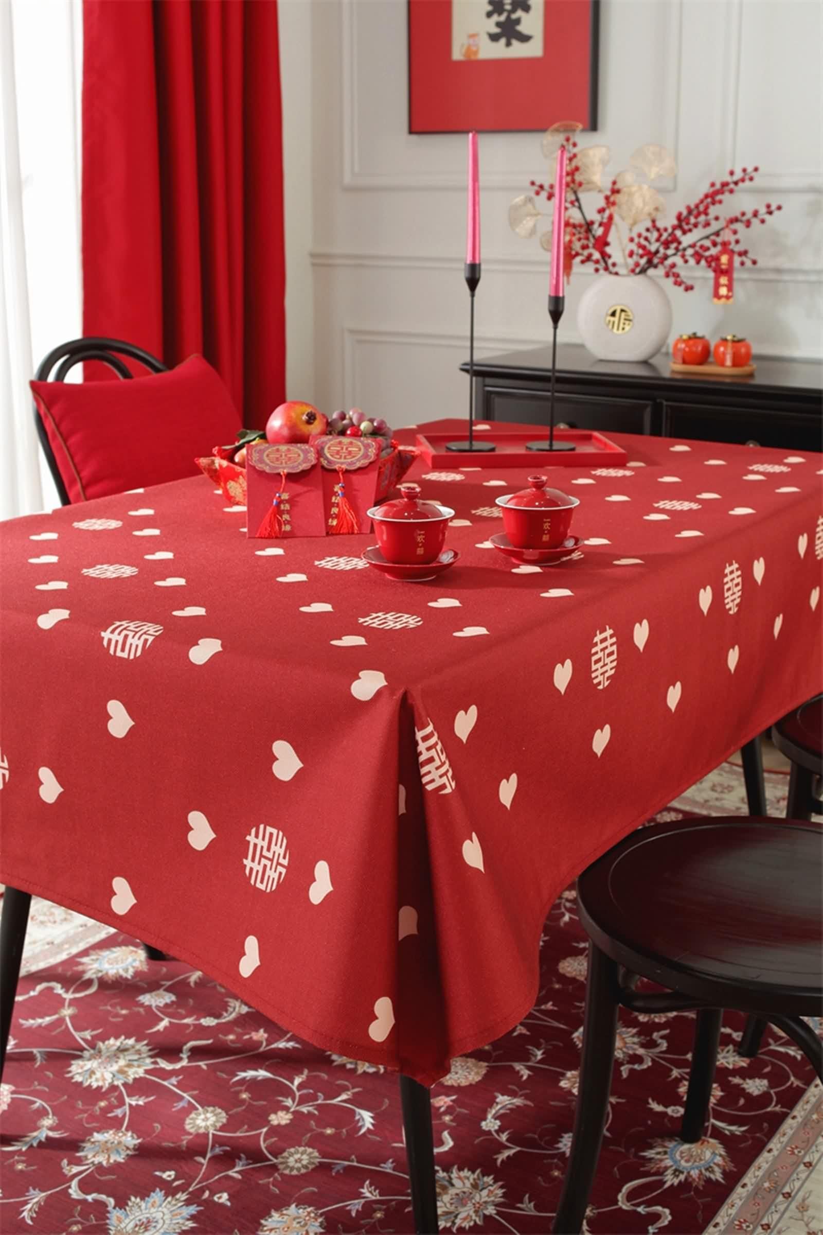 Tovaglia Rossa Moderna, Tovaglia Compleanno Elegante Poliestere Cuore Tovaglia Tavolo 135X135CM per Festa Matrimonio