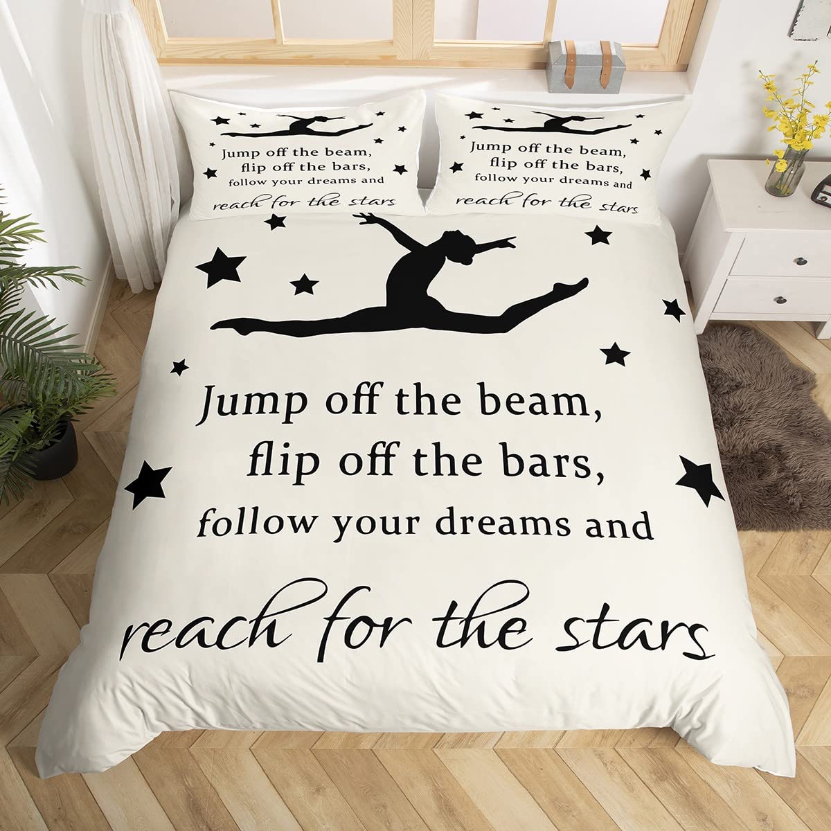 LoussiesdGymnastics Bed Linen Set, 135 x 200 cm, Gymnastics Lover Duvet Cover Set, Gymnastics Dancer Bed Set, Microfibre Duvet Cover, Shaped Body, White Bedroom Bed Linen