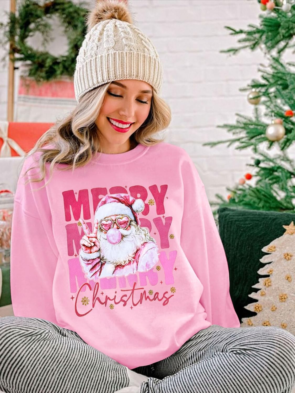 Christmas Sweatshirt for Women Vintage Santa Sweatshirt Long Sleeve Merry Christmas Pullover Tops - Image 3