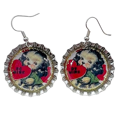 Vintage Valentine Puppy, Bottle Cap Earrings, Retro Jewelry, Be Mine