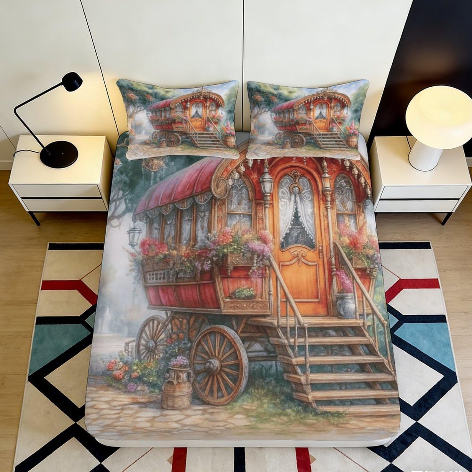 Sábana bajera ajustable con estampado 3D para caravana, funda de cama de