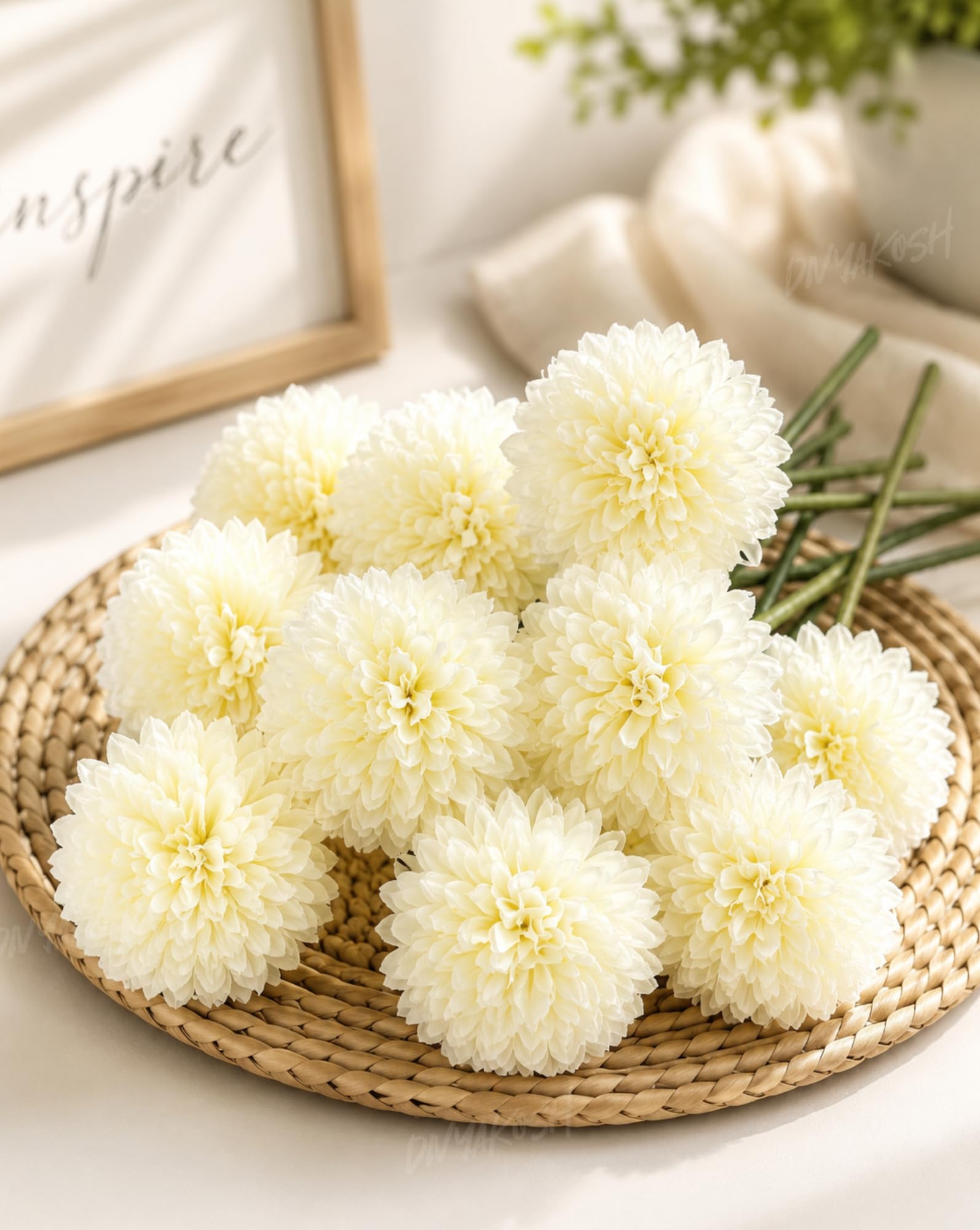 Divyakosh Artificial Hydrangea Flower Sticks for Vase (Vase Not Included), Pack of 6, 3.5 Inch (8.9 cm) Large Bloom, White Artificial Flowers for Home Decor, Decorative Artificial Dahlia Flowers