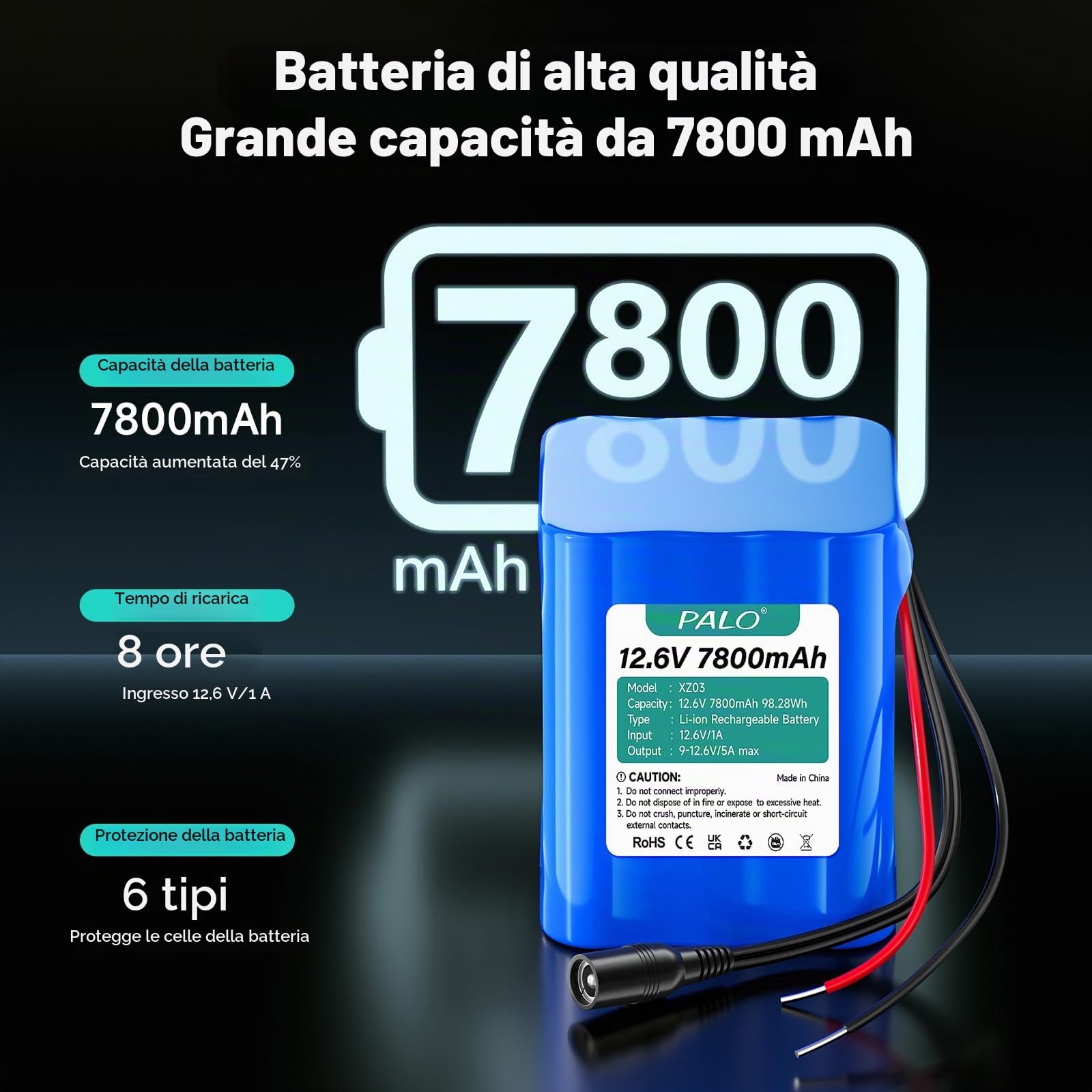 Batteria 12.6V 7800mAh ioni litio con caricabatterie e adattatore linea e connettore collegamento,per pannello solare,videocamere,videosorveglianza,router domestico,sistemi di allarme