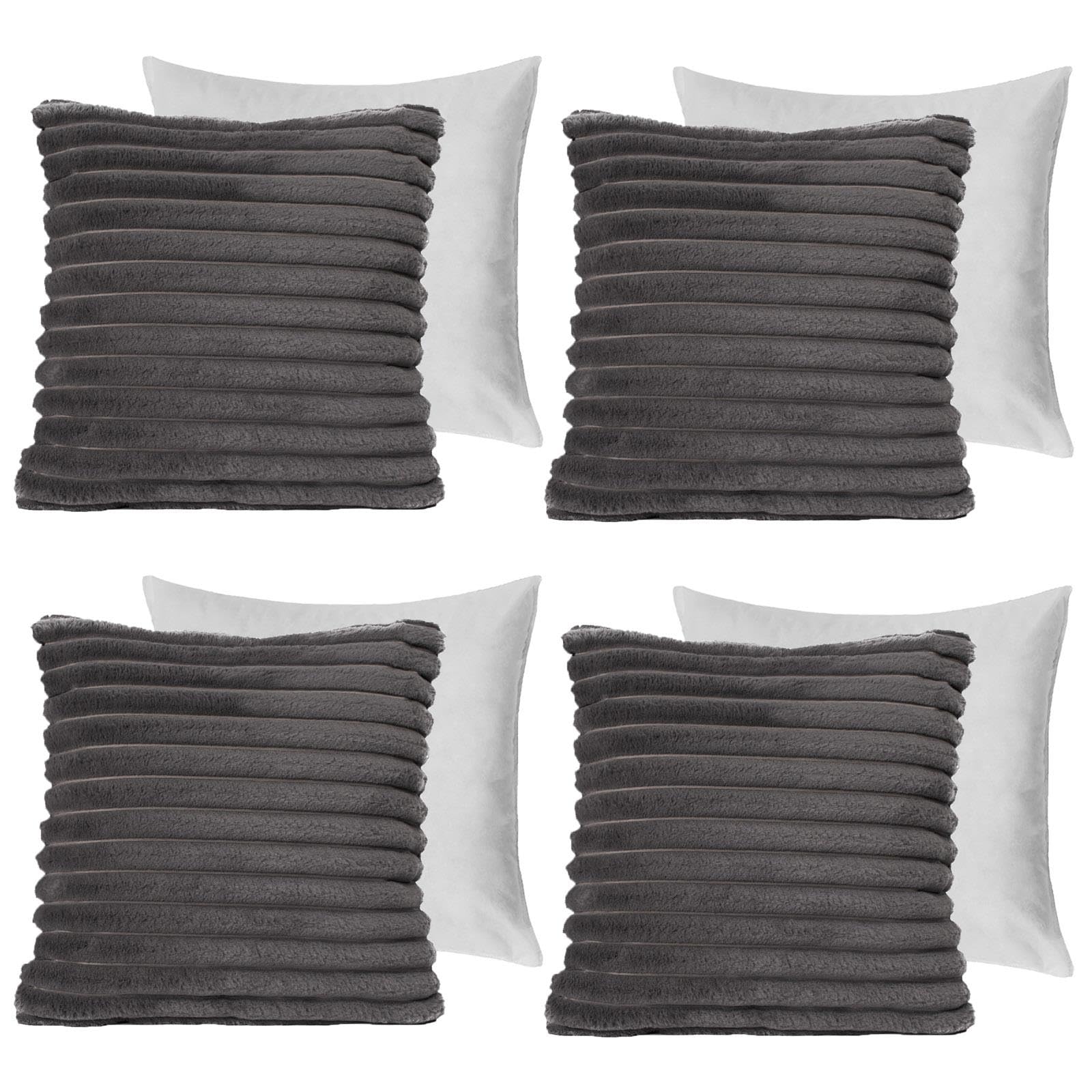 Ohs Charcoal Scatter Cushions With Covers Included Faux Fur Pack Of 4, Sofa Seat Cushions With Inner Pads Soft Comfy Thick Throw Pillow Cushion Covers For Living Room