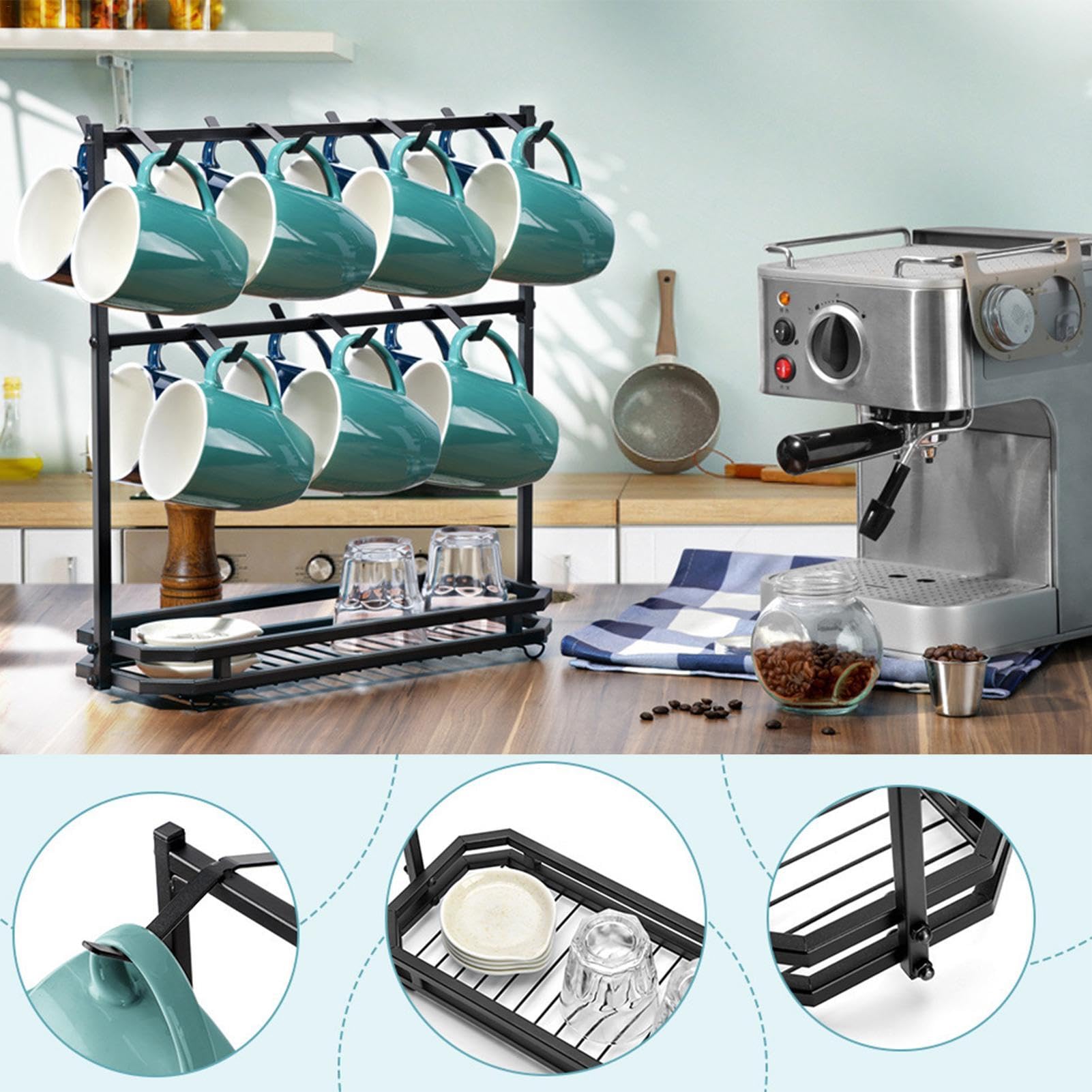Supporto Per Tazze Organizzatore Per Bicchieri D'Acqua Con 14 Ganci | Supporto Organizzatore Per Tazze Da Tè Per Auto Armadio Parete Cucina Bancone Scrivania Barca Caffè Tavolo Da Pranzo