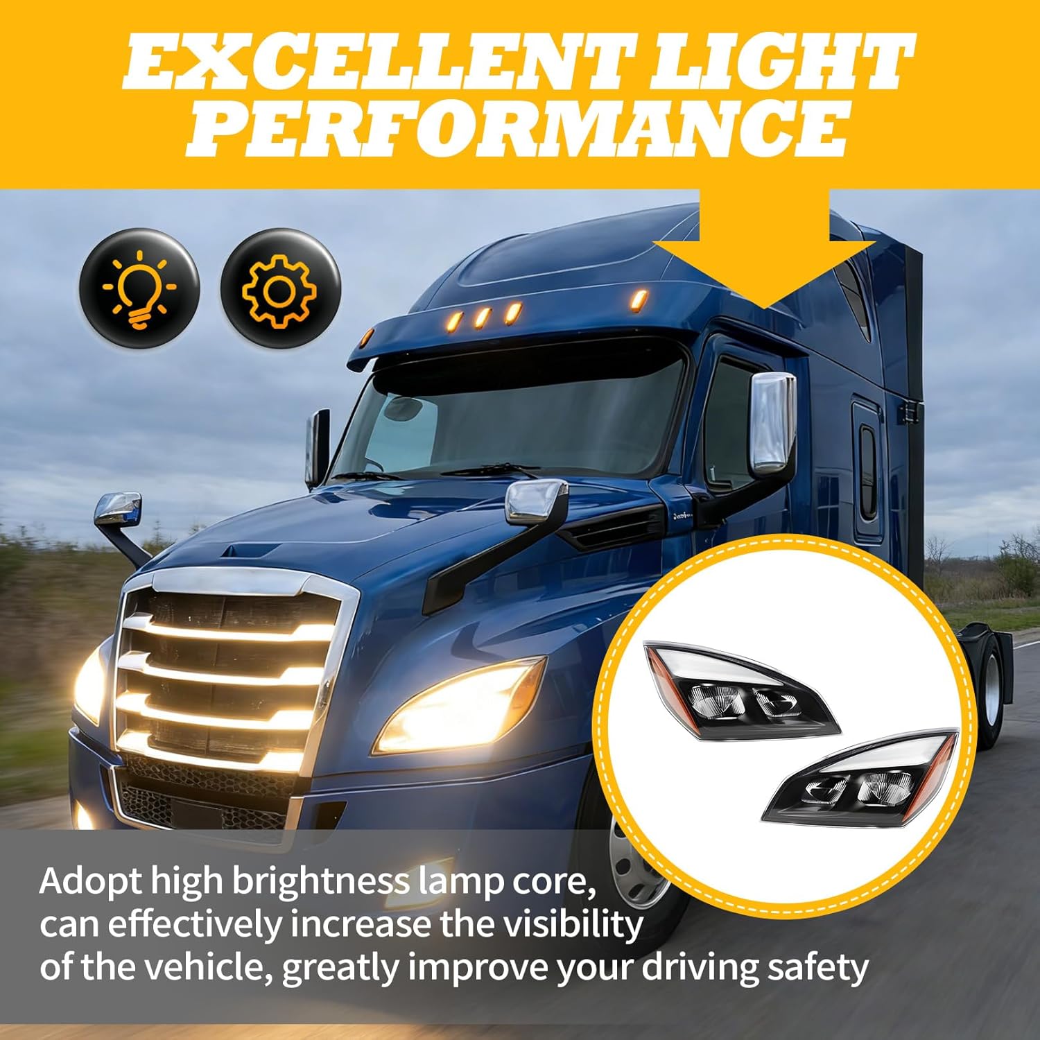 Left Driver & Right Passenger Side Headlight Compatible with Cascadia 2018-2022 Pair Front Headlamps, Black Housing A6601405002 A6601405003