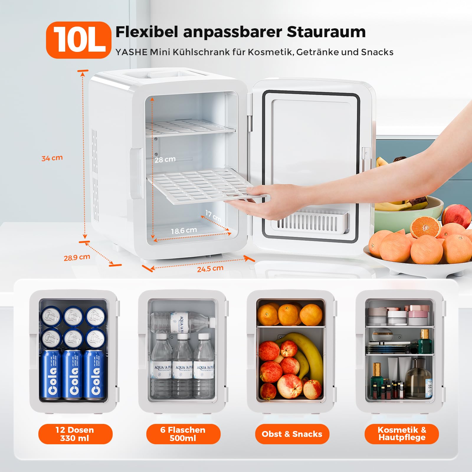 YASHE Mini-Kühlschrank 10L, kleiner Kühlschrank für 12 Dosen, AC/DC Thermoelektrischer Kühler und Wärmer, leiser Mini Kühlschrank für Hautpflege, Getränke, Schlafzimmer, Büro, Auto, Weiß